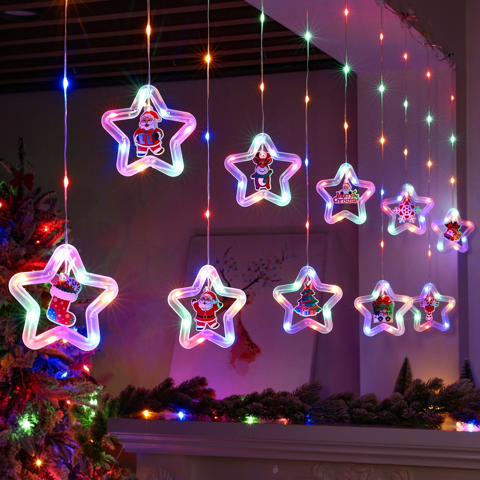 Sunicol LED-Lichtervorhang 3M LED Weihnachten Fensterbeleuchtung mit Timer, Party Garten Deko, 8 Modi LED Lichterkette mit Fernsteuerung, Warmweiß/RGB, Batterien/USB Mehrfarbig