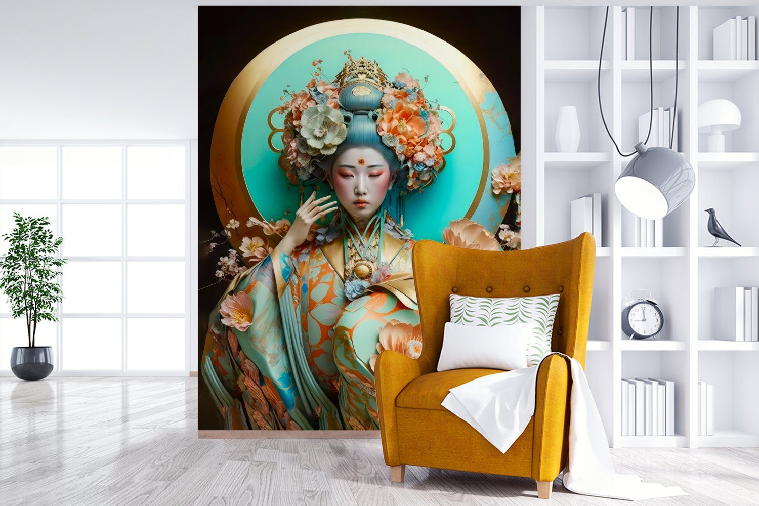 (4 Wandtapete Montagefertig Wohnzimmer, Tapete - - Vinyl Frau St), Fototapete - für MuchoWow - Gold Porträt, Blumen Kimono Matt, bedruckt,