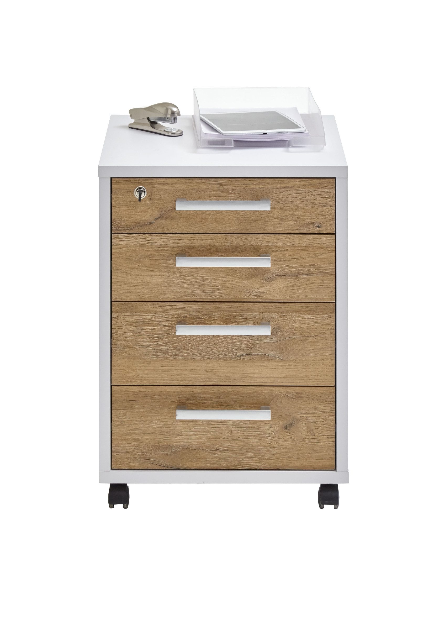 Rollcontainer in Brillantweiß-Alteiche Dekor - 48x65,5x49,5cm (BxHxT)