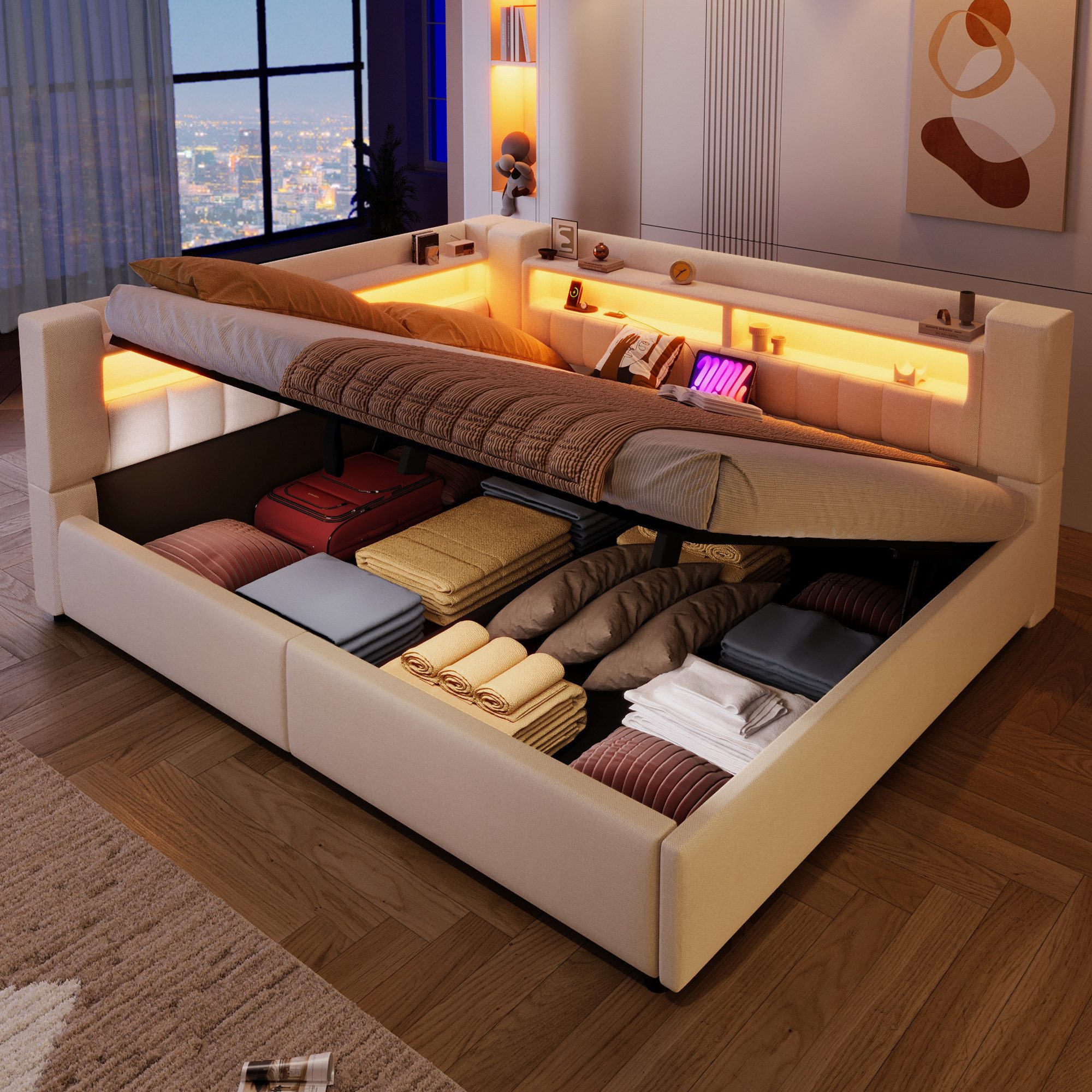 Merax Daybett 140x200cm mit LED-Beleuchtung & USB, Typ-C Ladefunktion (Jugendbett Schlafsofa Sofabett Einzel-Doppelbett, 1 tlg), Tagesbett mit hydraulischem Stauraum und Staufächern, Leinen