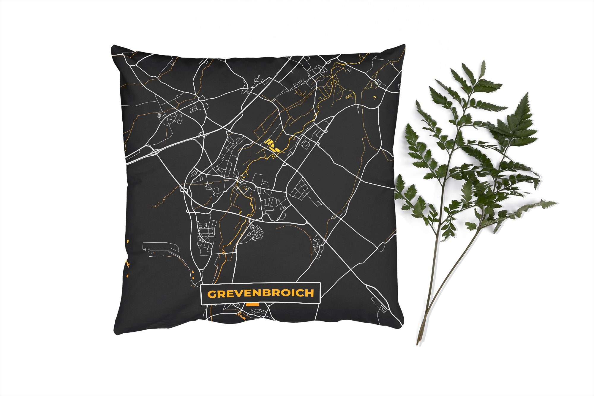MuchoWow Dekokissen Schwarz und Gold - Stadtplan - Grevenbroich - Deutschland - Karte, Zierkissen mit Füllung für Wohzimmer, Schlafzimmer, Deko, Sofakissen | Dekokissen