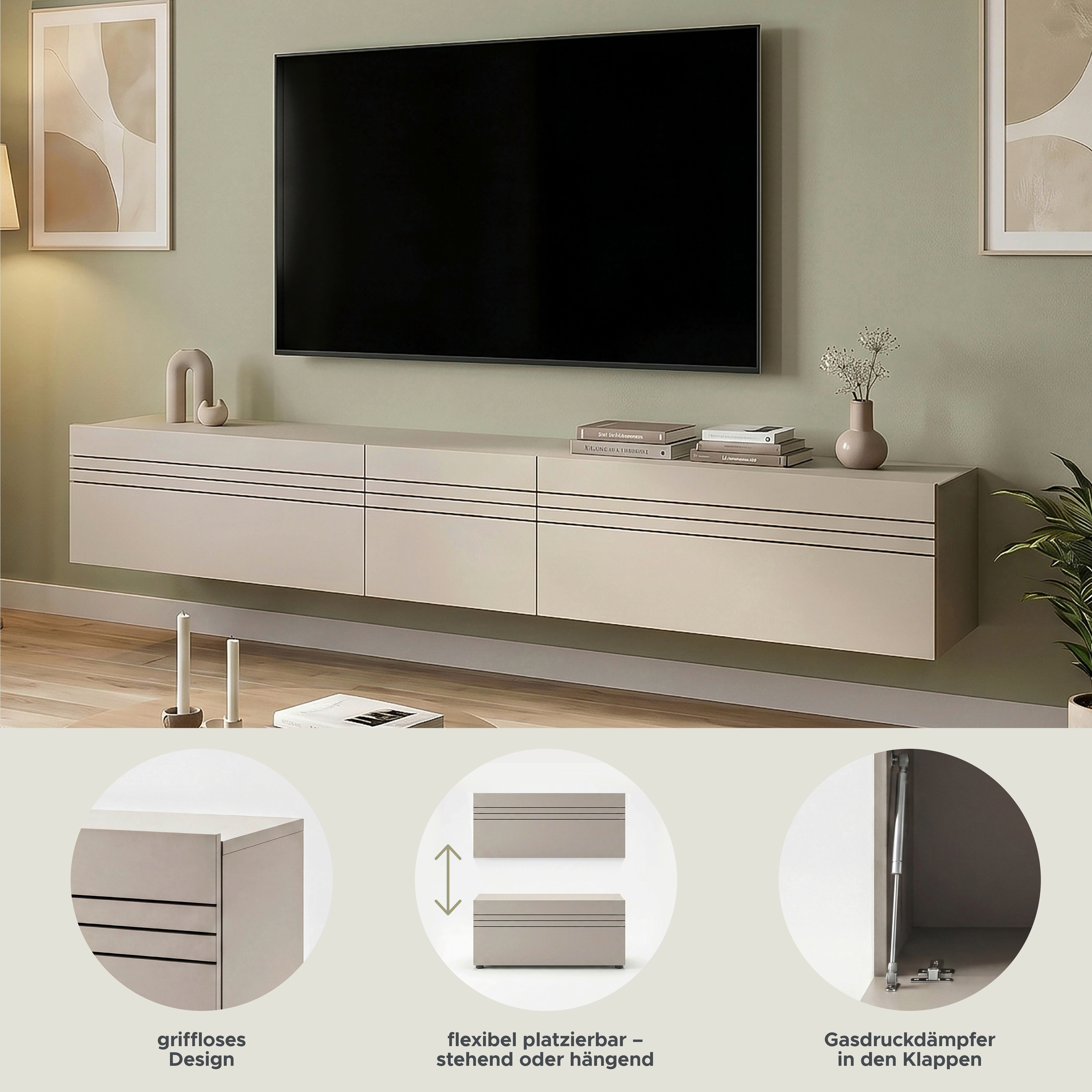OTTO home Lowboard SPIAGGIA, 3-teiliges Set, Breite 225cm, stehend & hängend montierbar (Grifflose Fronten mit Gasdruckfeder, Fronten mit horizontaler Fräsung), TV-Möbel, TV-Schrank, TV-Lowboard, Mediaboard
