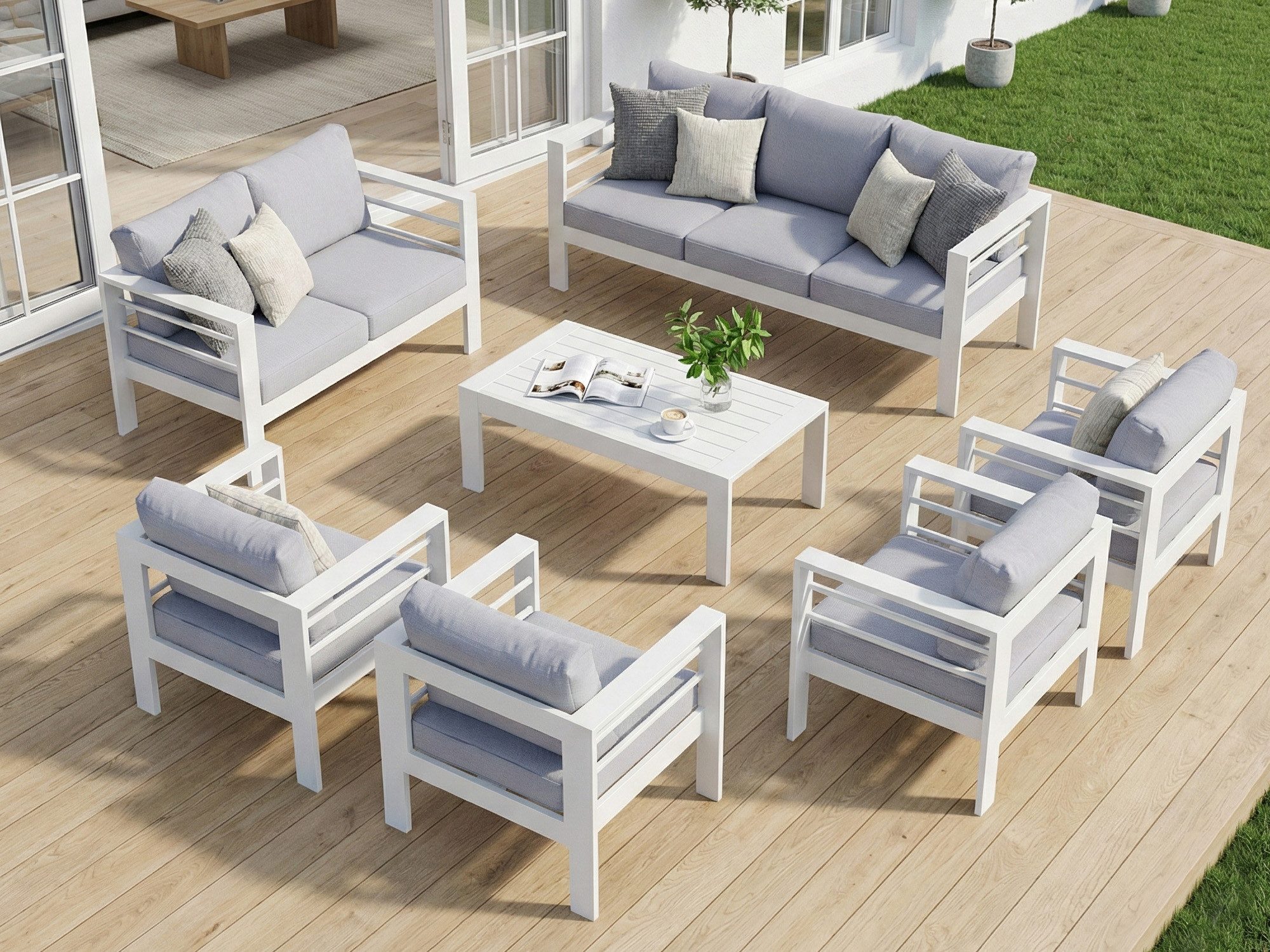 MeXo Gartenlounge-Set Terrassenmöbel Set 8-10 Personen Aluminium outdoor wetterfest, (pflegeleichte Polywood-Tischplatte, 7-tlg., 12cm Deluxe Relax-Sitzkissen), Gartenmöbel Set Alu, Luxus Relax, Belastbarkeit pro Sitzplatz 140kg