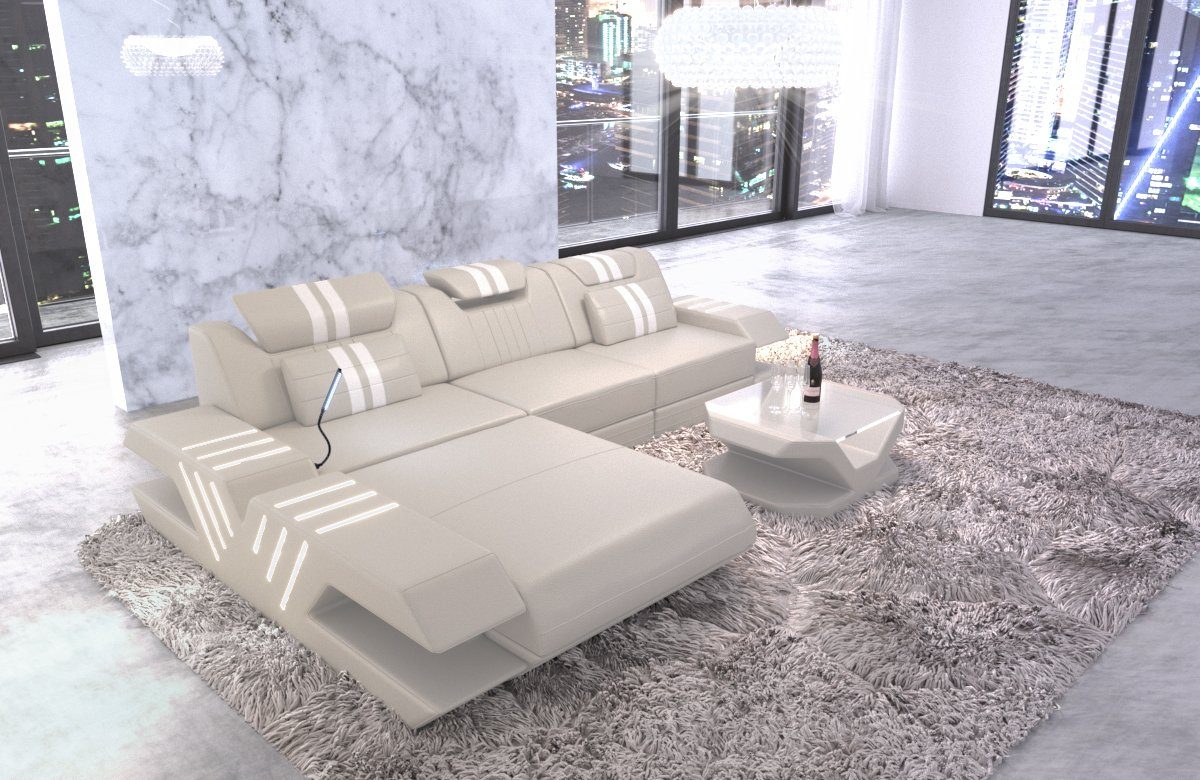 Leder Couch, Ecksofa Form Schlafsofa, mit Dreams wahlweise Ledercouch Sofa Sofa L mit Bettfunktion Designersofa LED, als Ledersofa, Venedig