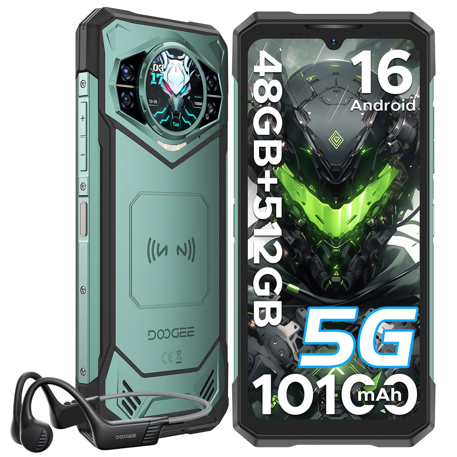 DOOGEE S200X, inkl. Knochenschall-Kopfhörer, 5G 10100mAh Android 16 Outdoor Smartphone (6.72 Zoll, 512 GB Speicherplatz, 100 MP Kamera, 12GB, KI-Assist. & KI-Fotoalb. IP68, 1,32" AMOLED Sekundärdisplay)