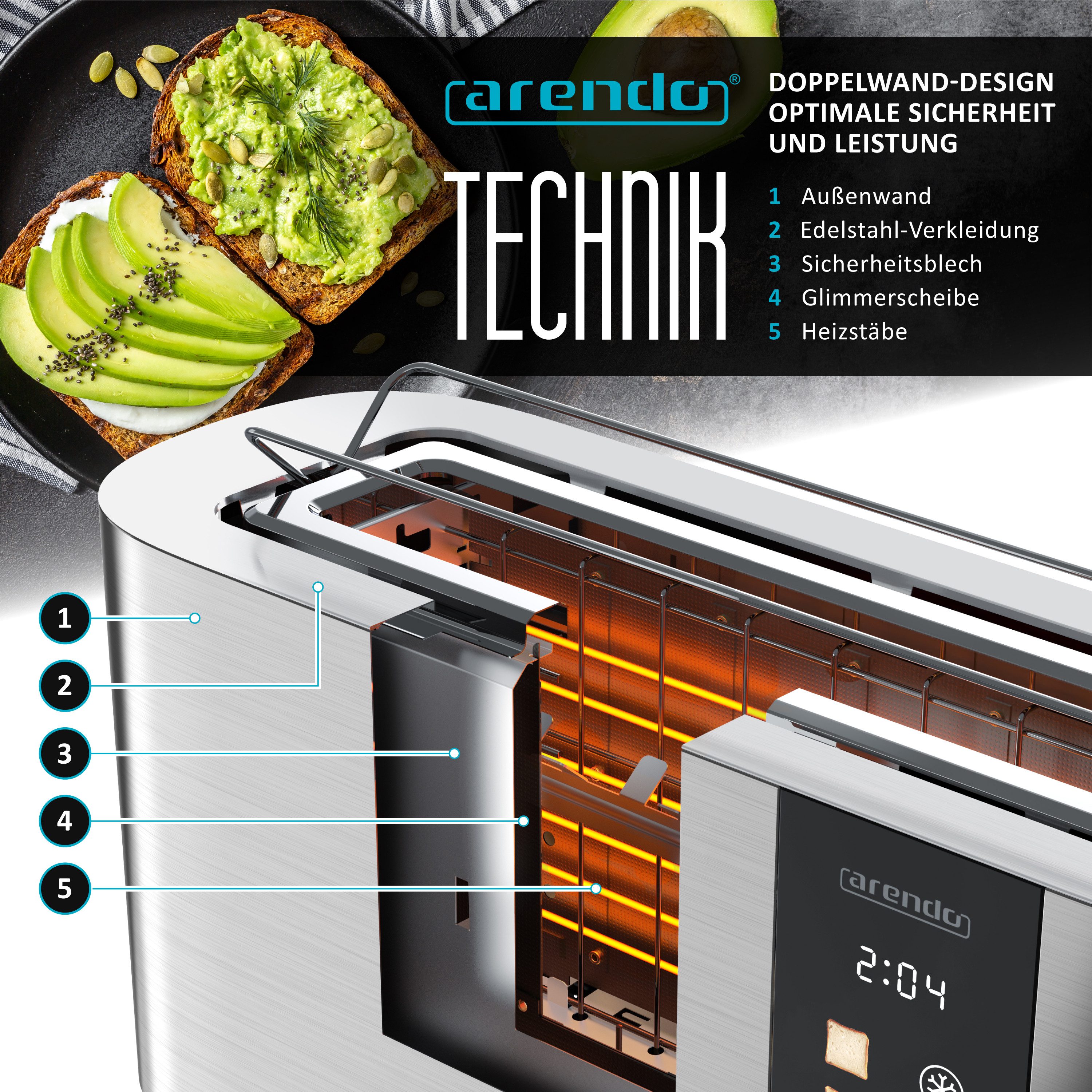 Arendo Toaster 2-Scheiben Edelstahl Langschlitz, Touch, Restzeit Bräunungsgradanzeige, 1 langer Schlitz, für 2 Scheiben, 1000 W, Brötchenaufsatz, Wärmeisoliert, – Bild 5 von 5