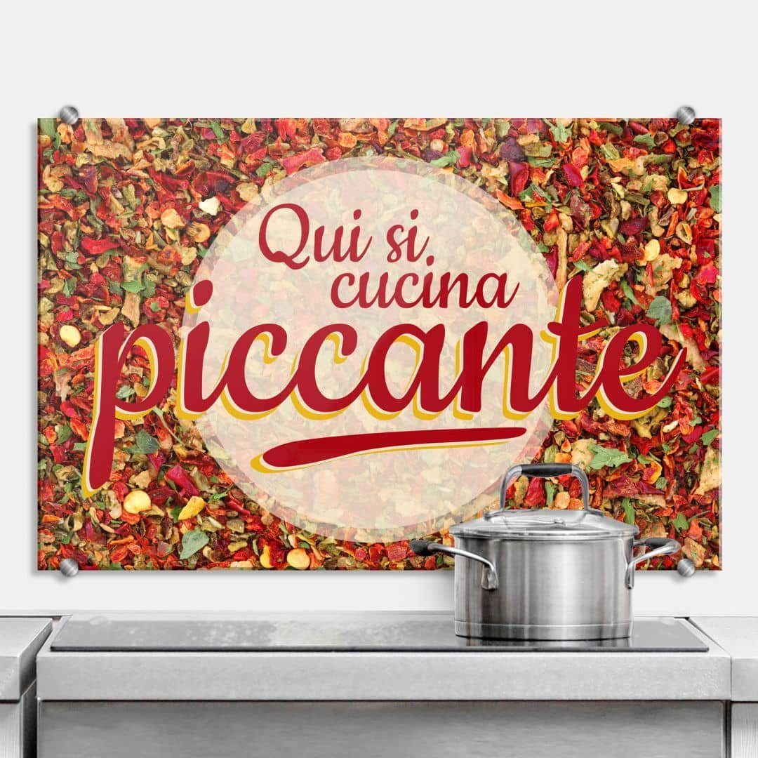 K&L Wall Art Gemälde Wandschutz Bild Glas Spritzschutz Küche Italien Schriftzug cucina piccante, Küchenrückwand montagefertig