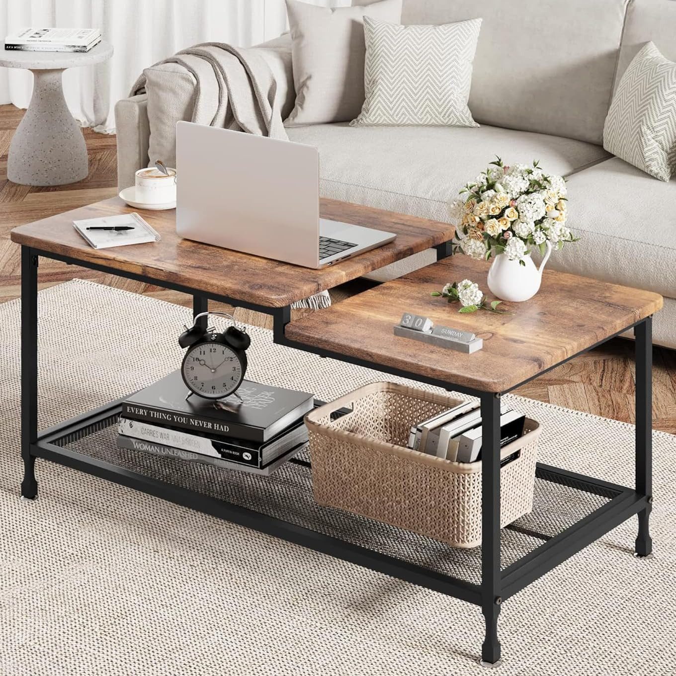 GarveeMore Couchtisch Wohnzimmertisch,2in1 industrieller Stil,mit Mesh-Regal,Metallgestell, 2-stöckiger Hohe und niedrige Tischplatte Design,100x50x48cm