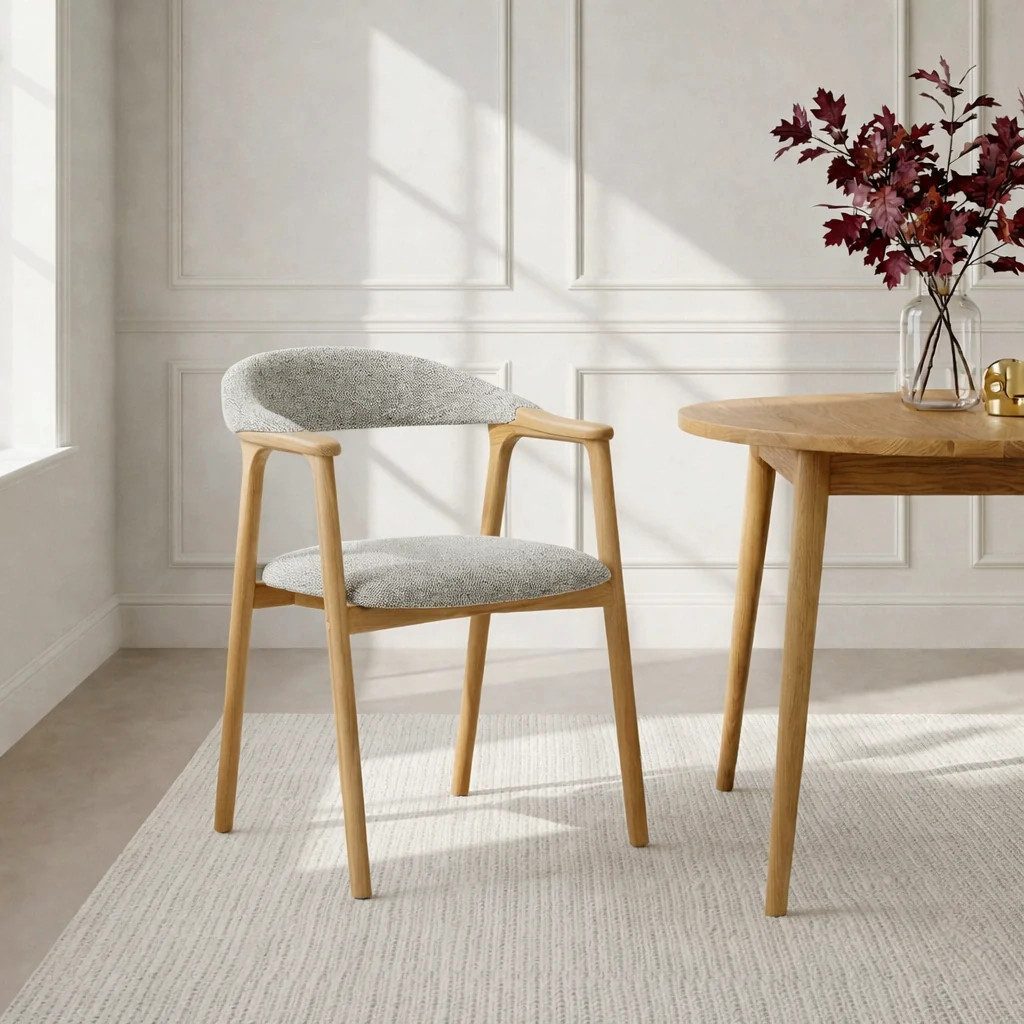 Woodek Design Esszimmerstuhl FRANZ aus massiver Eiche, natur, mit Noel-Stoff schwarz-weiß (mit geschwungener Form, 1 St), Höhe 81 cm, Breite 53 cm, Tiefe 62 cm