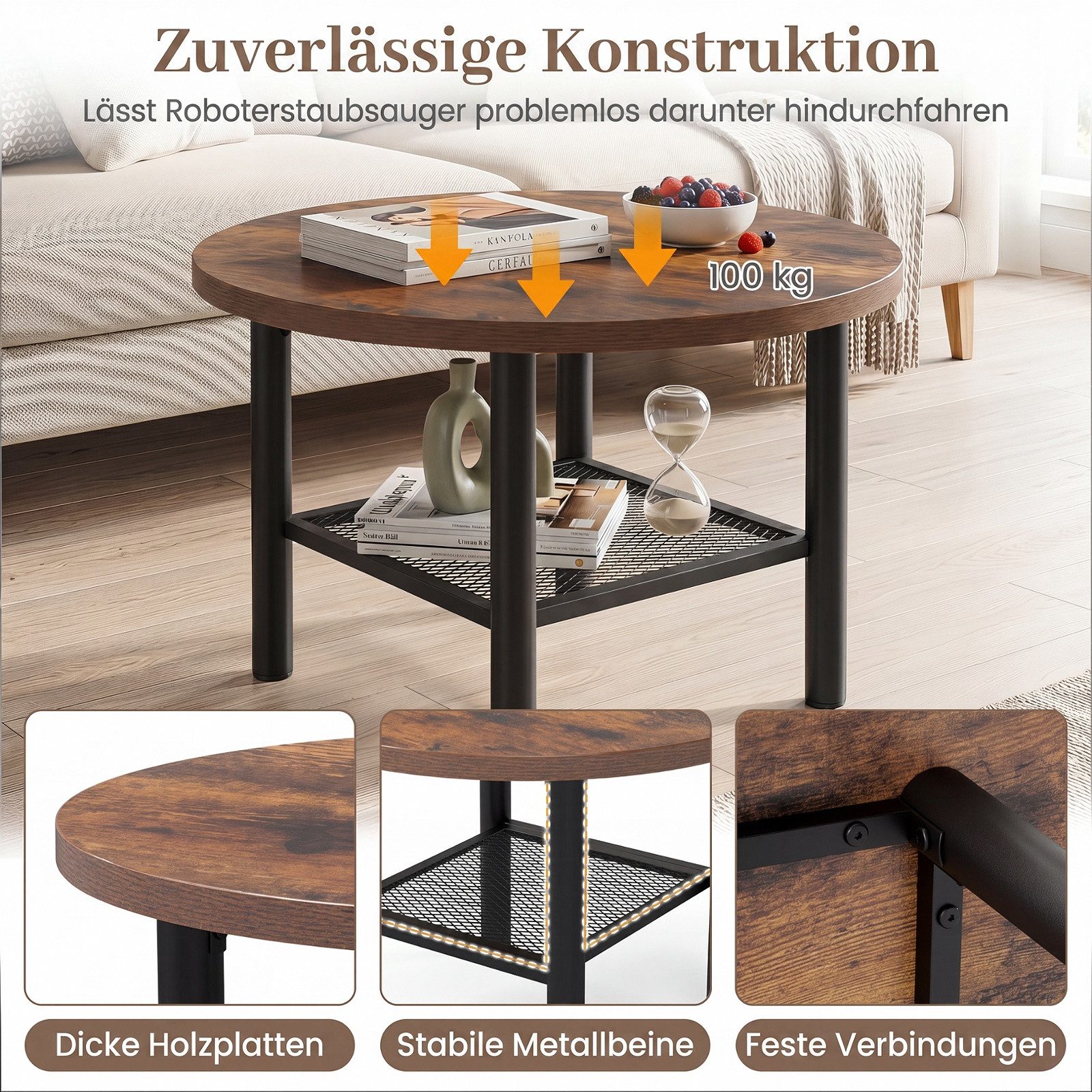 COSTWAY Couchtisch rund Metall braun mit Stauraum, Wohnzimmertisch 60x60cm – Bild 5 von 5