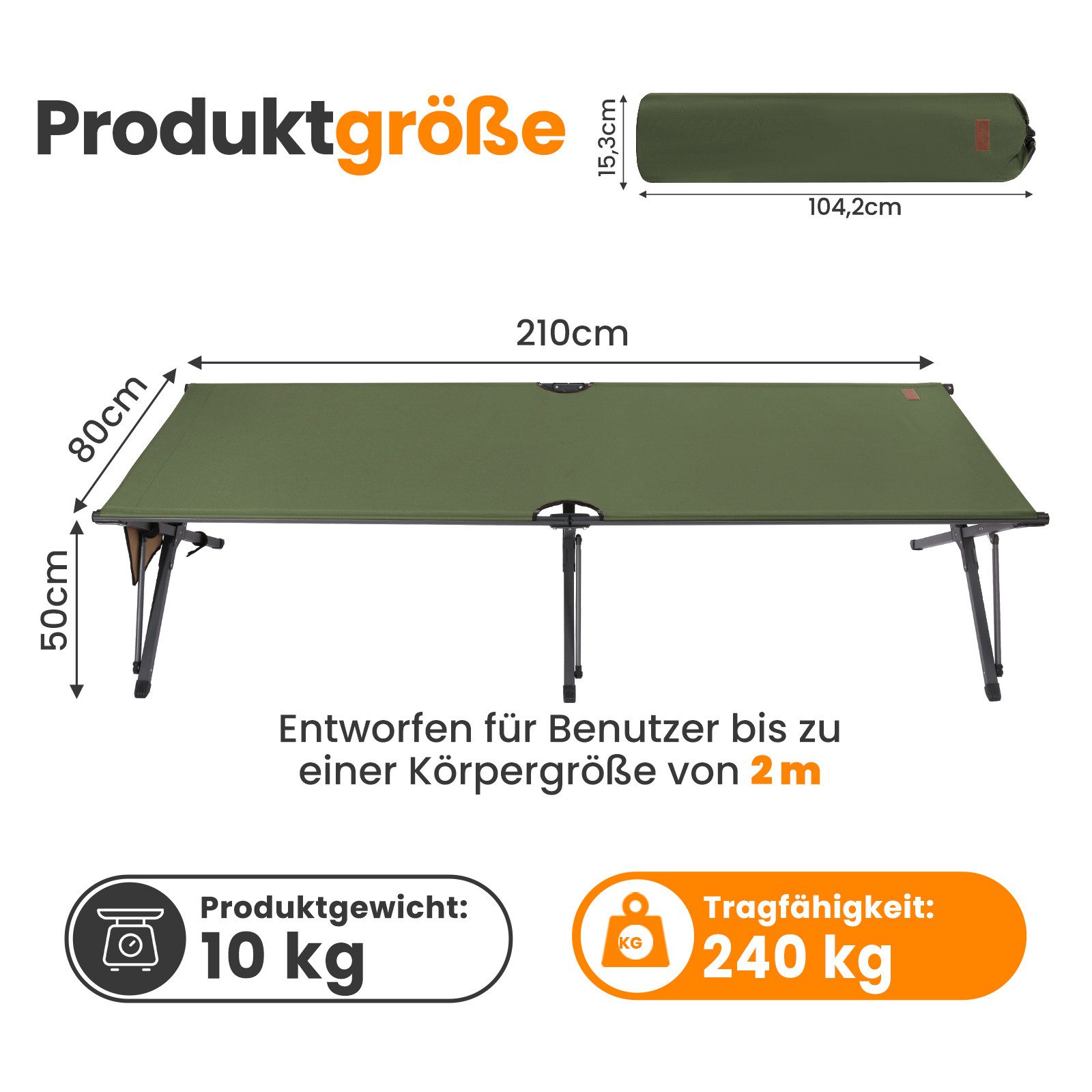 HOMECALL Klappbett Feldbett Camping klappbar 210×80 cm bis 240 kg (Campingbett extra breit mit 600D Oxford-Gewebe, verstärkte X-Beine, faltbares Klappbett mit S – Bild 2 von 5