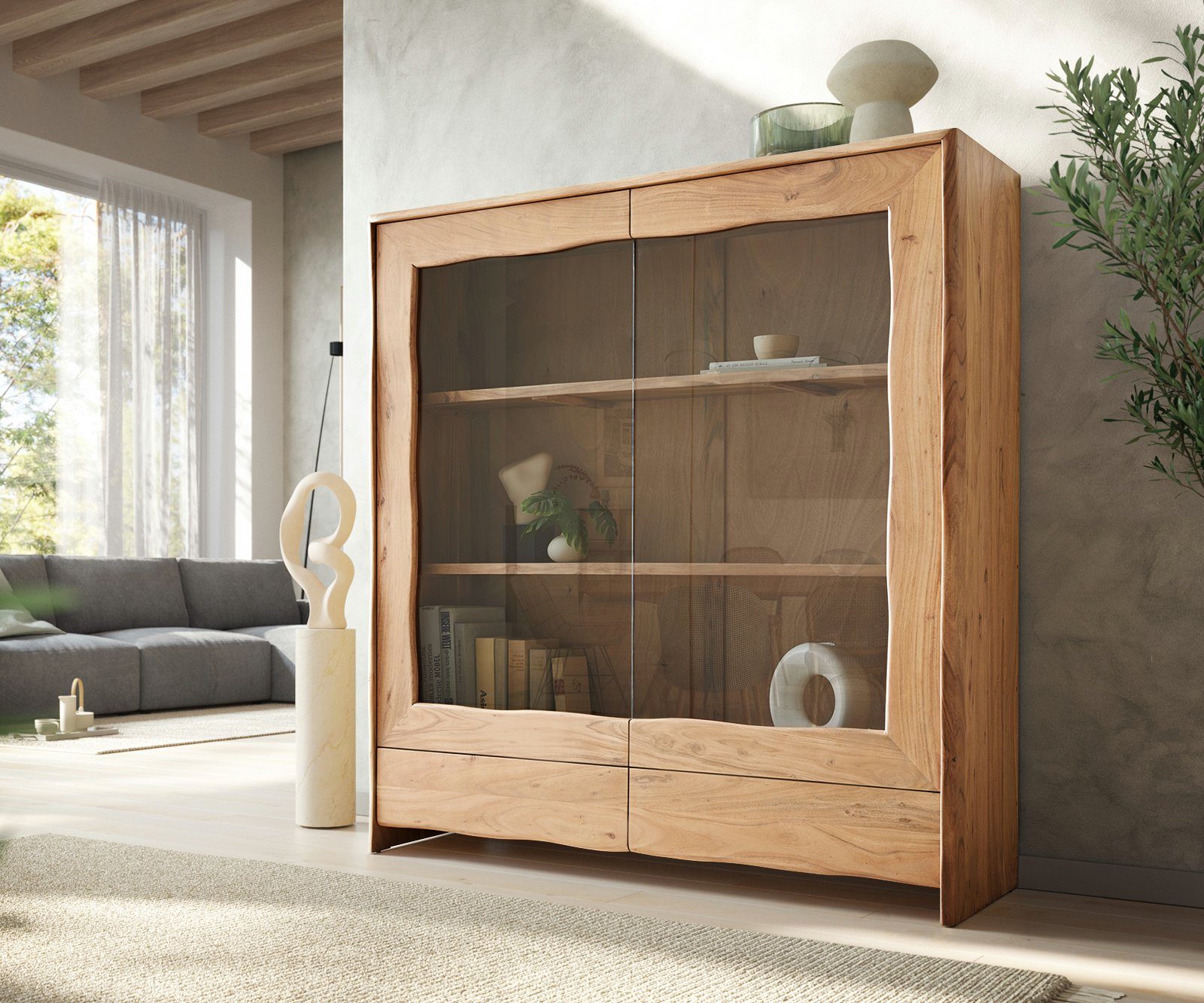 DELIFE Vitrine Live-Edge Akazie Natur 140x150 cm 2 Türen 2 Schubladen Massiv Highboard