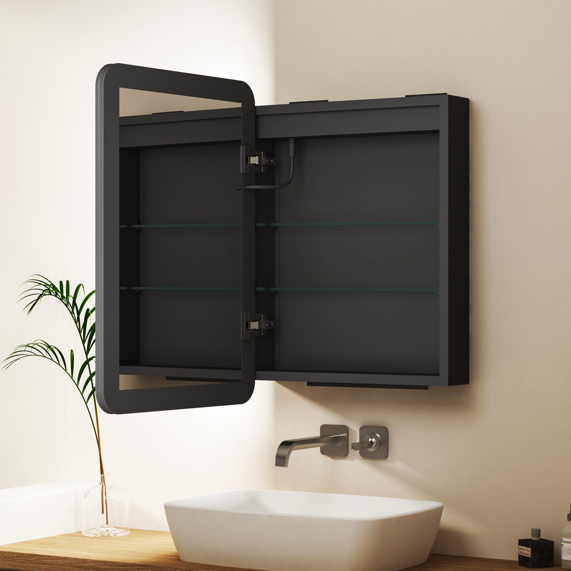 WDWRITTI Spiegelschrank Rechteckig Spiegelschrank Schwarz Aluminium Badezimmerspiegelschrank (1türig 50x70 40x60cm, 3Lichtmodi, Dimmbar, Anti-fog, Memory) Doppe – Bild 3 von 5