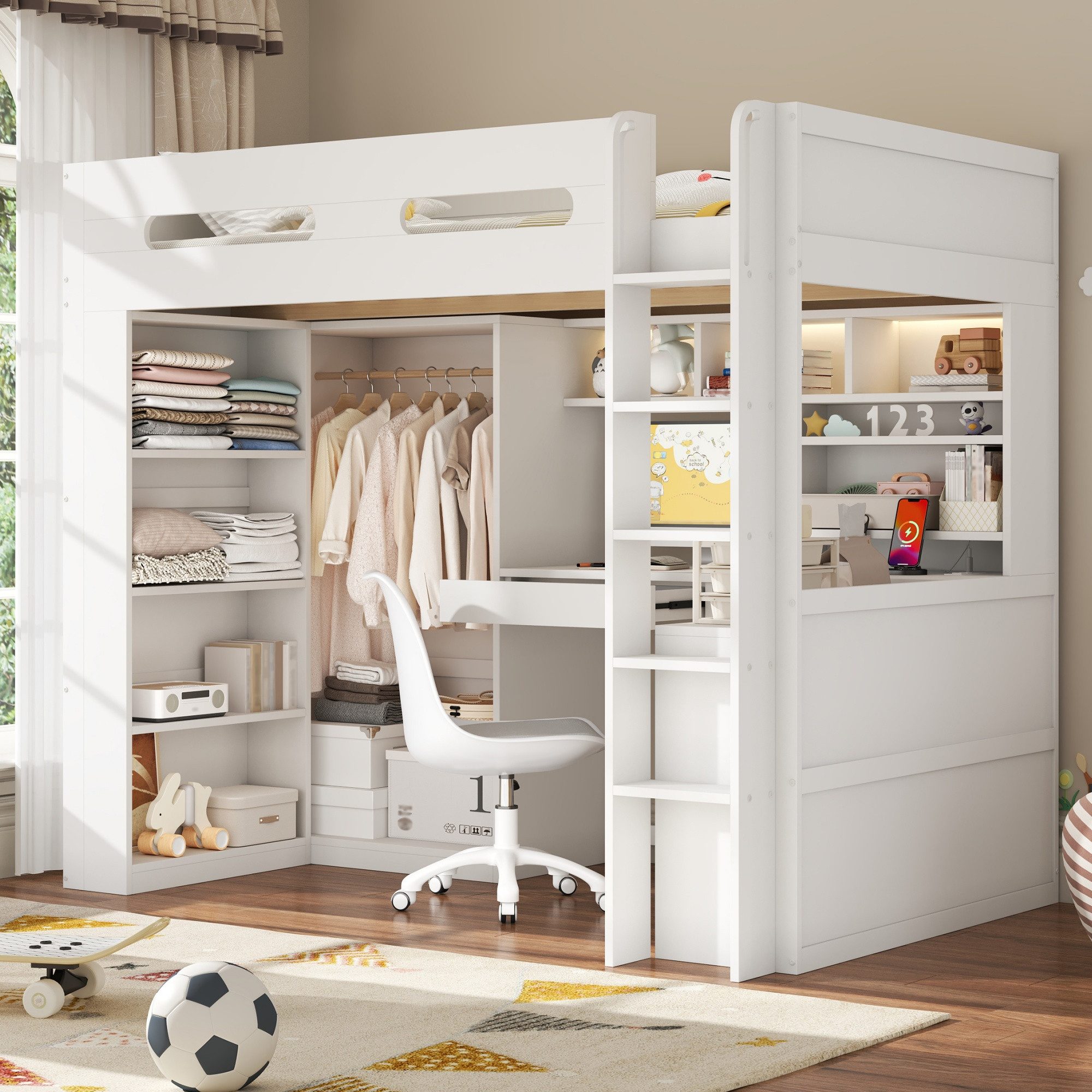 Odikalo Hochbett Jugendbett Betten Bettgestell mit Schublade LED und USB (90x200cm mit einer Schublade und mehreren Regalböden, …
