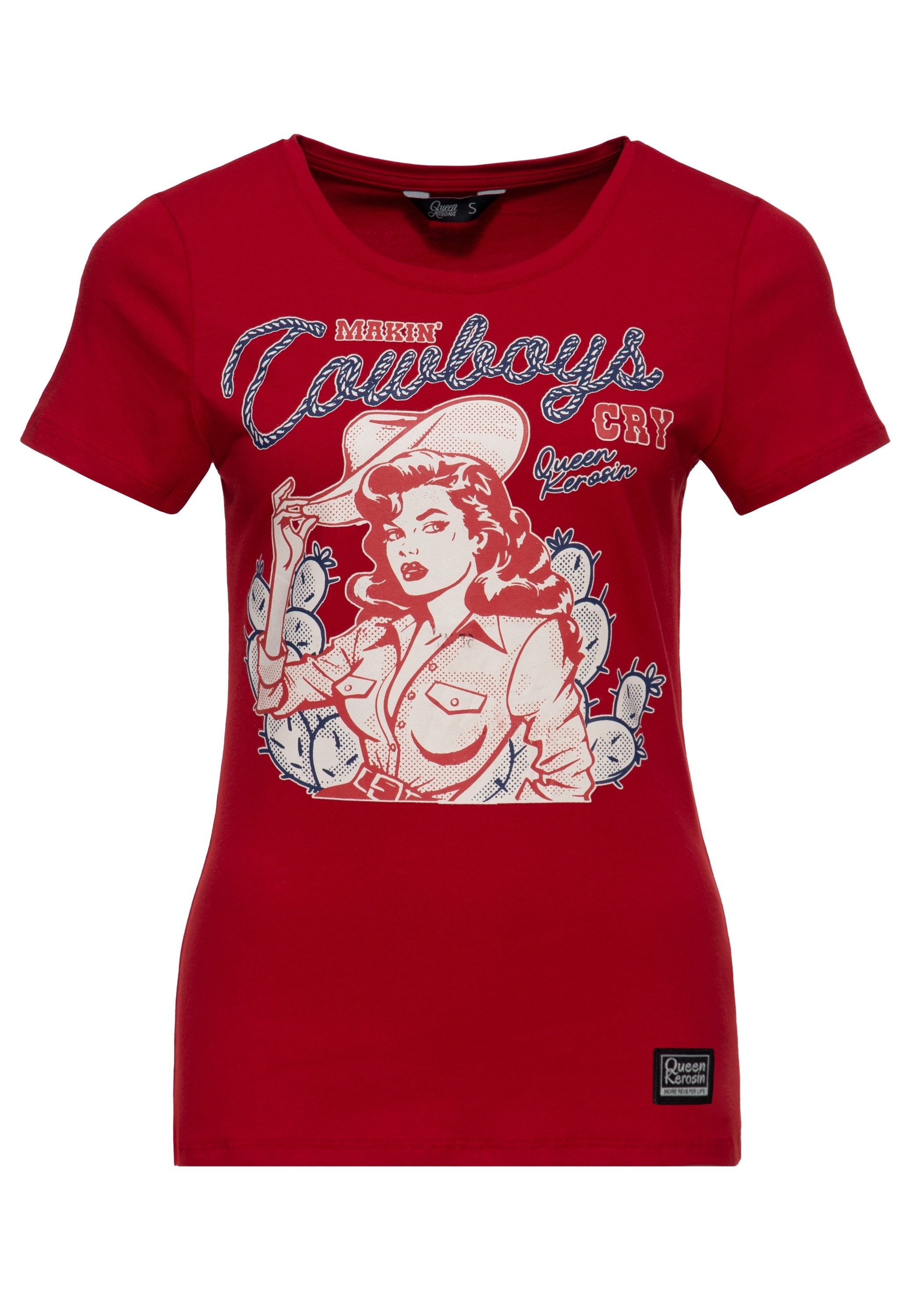 QueenKerosin Print-Shirt Makin' Cowboys Cry Cowgirl-Frontprint im Comicstil mit Lasso-Schriftzug