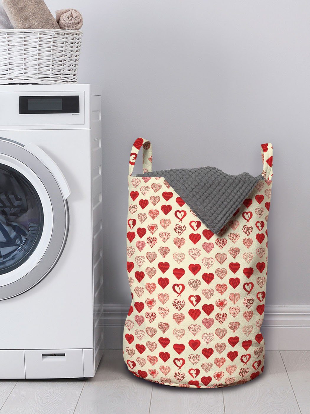 Wäschesäckchen Wäschekorb Griffen Abakuhaus mit Waschsalons, Valentine Vintage Herz-Kunst Kordelzugverschluss Doodle für