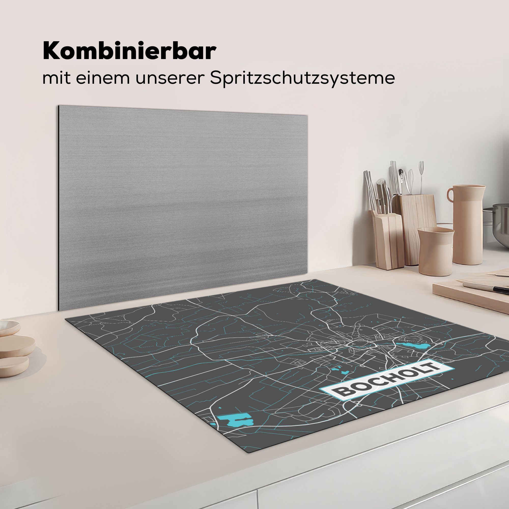 - cm, - Herdblende-/Abdeckplatte Deutschland für MuchoWow Ceranfeldabdeckung, Arbeitsplatte (1 Stadtplan Blau tlg), Bocholt 78x78 Vinyl, - Karte, küche -