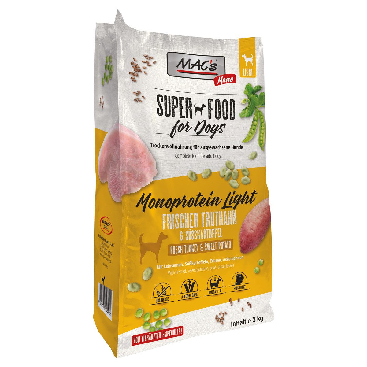 MAC'S Monoprotein Light frischer Truthahn 3 kg, Trockenfutter für: Hund