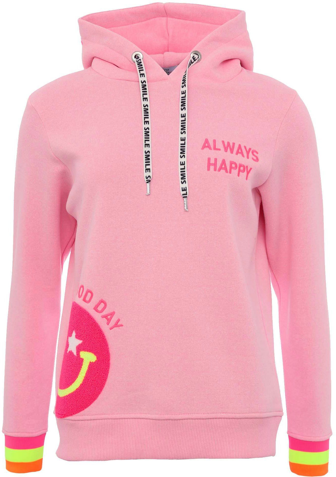 Zwillingsherz Hoodie Always Happy Smiley aus Frottee, Neon-Details, Kapuze, günstig online kaufen