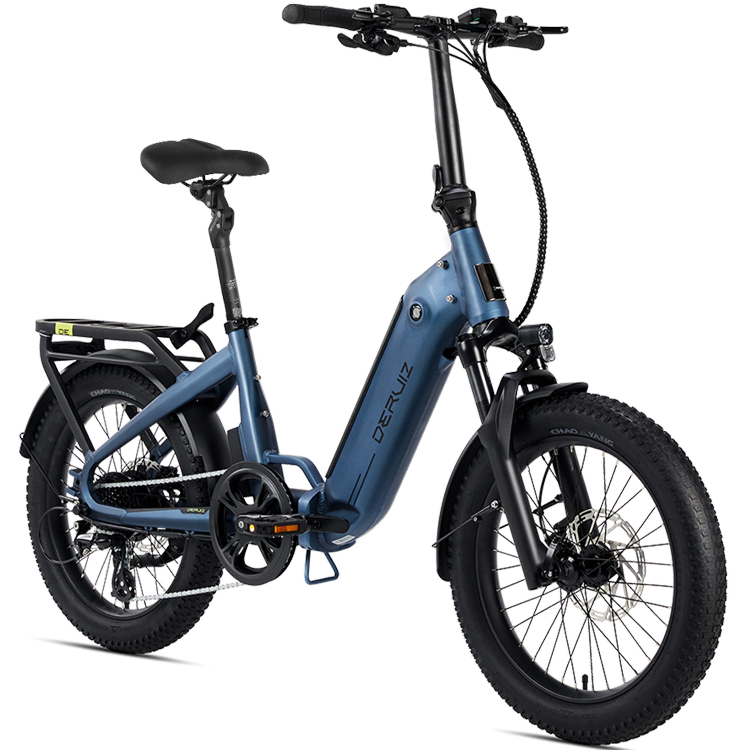 DERUIZ Klapprad 20x3,0 Zoll, max. 140km, Federsattelstütze, mit Bluetooth, 5 Stufen, 8 Gang SHIMANO SHIMANO ALTUS 11-32T Schaltwerk, Kettenschaltung, Heckmotor, 500 Wh, (mit Akku-Ladegerät, mit Werkzeug), RH:36cm, Bremslicht, Gepäckträger (max.50kg), hydraulische Bremsen