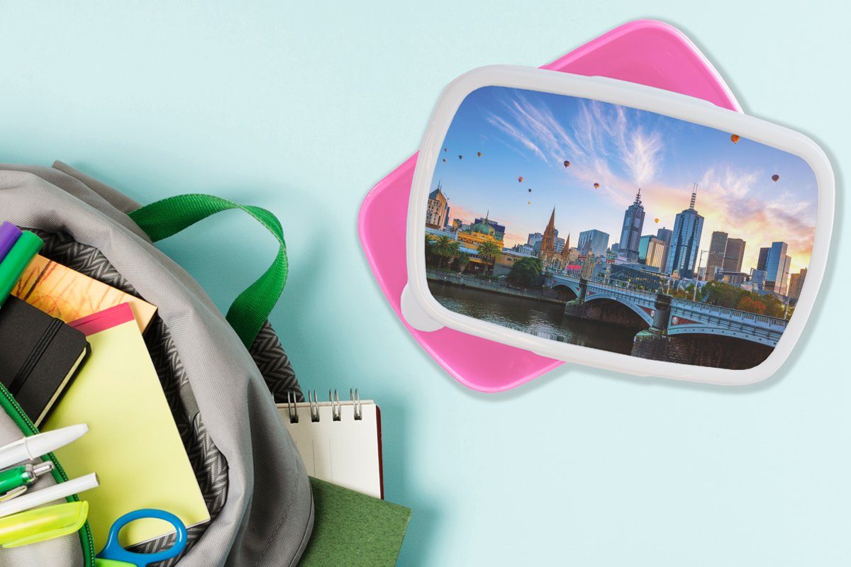 Mädchen, Kunststoff, Brotdose - Lunchbox Snackbox, (2-tlg), - Skyline Heißluftballon Brotbox Erwachsene, Stadt, MuchoWow für rosa Kunststoff Kinder,