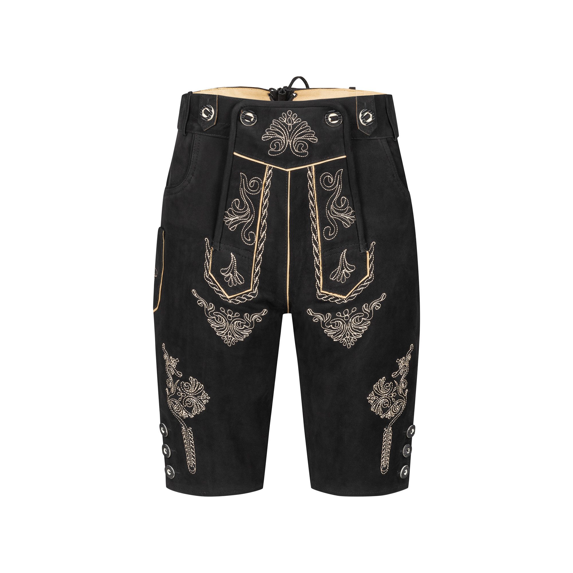 BOHMBERG Trachtenlederhose Damen Trachtenhose Knielang Echtleder mit Hosenträgern Schwarz
