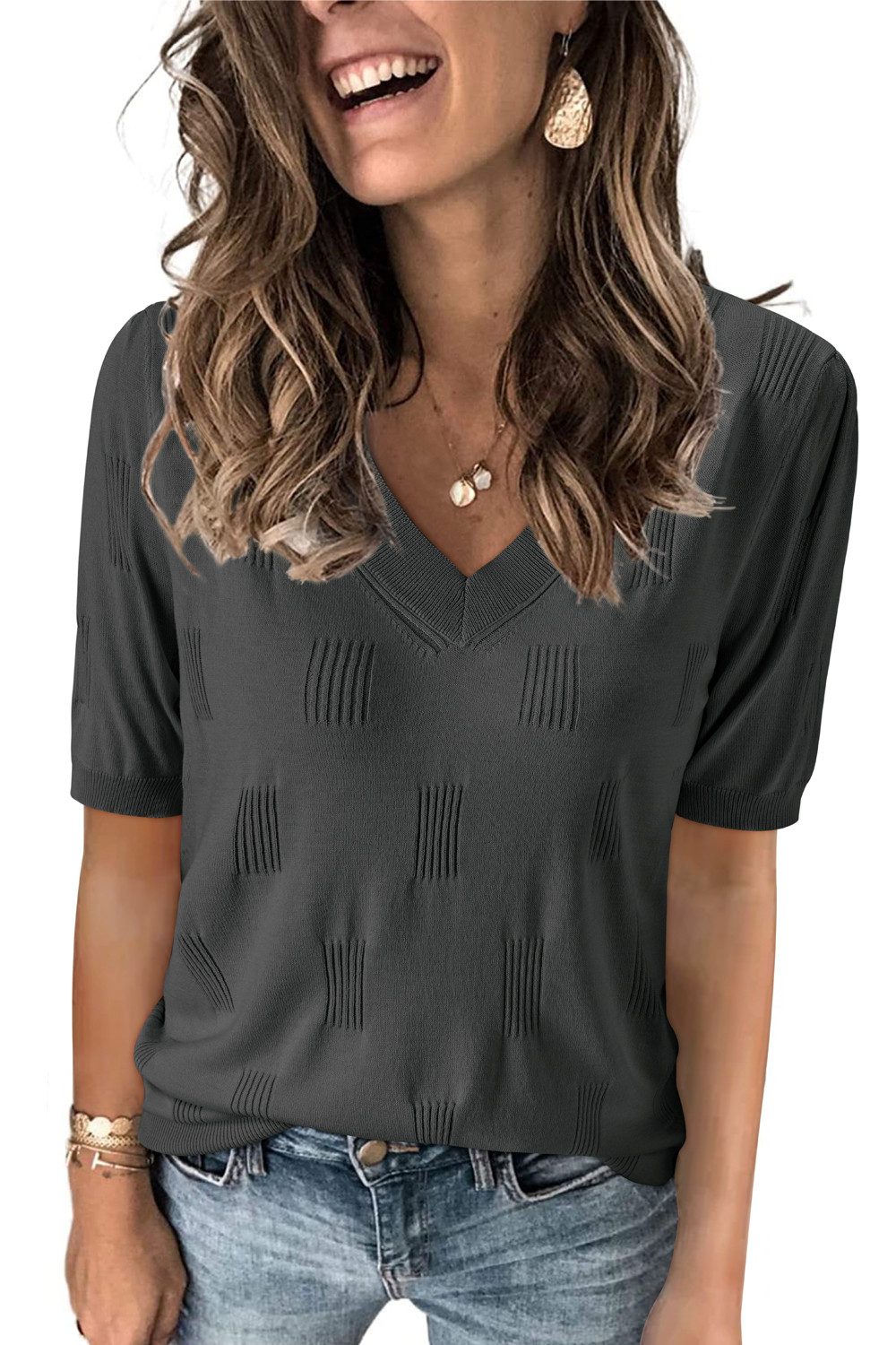 Arach&Cloz Strickpullover Damen Kurzarmpullover V-Ausschnitt-Pullover Somme günstig online kaufen