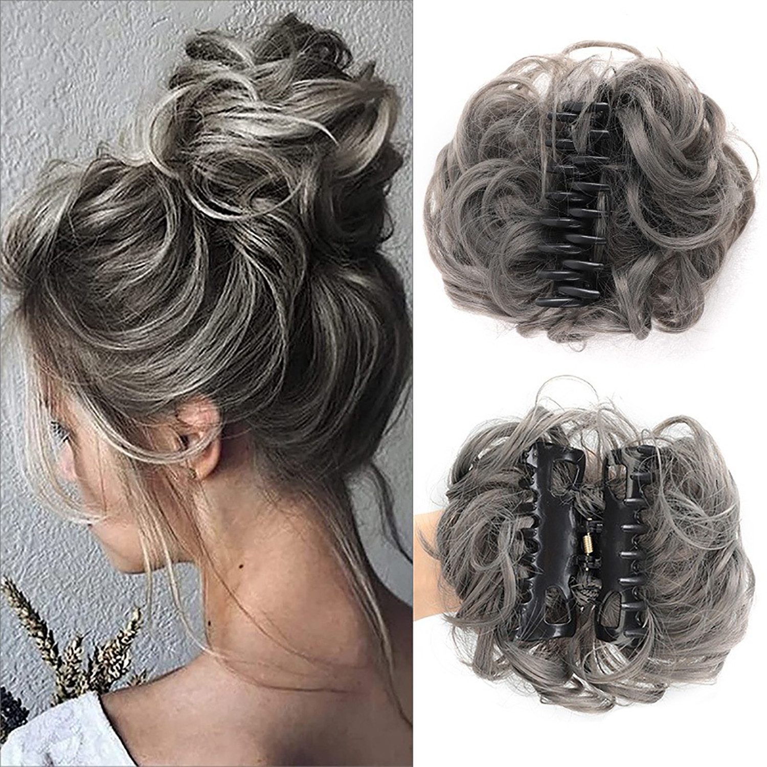 Refttenw Kunsthaarperücke Dutt Haarteil mit Klammer, Messy Bun Gewellt Hochsteckfrisuren, für Damen, Dunkelgrau