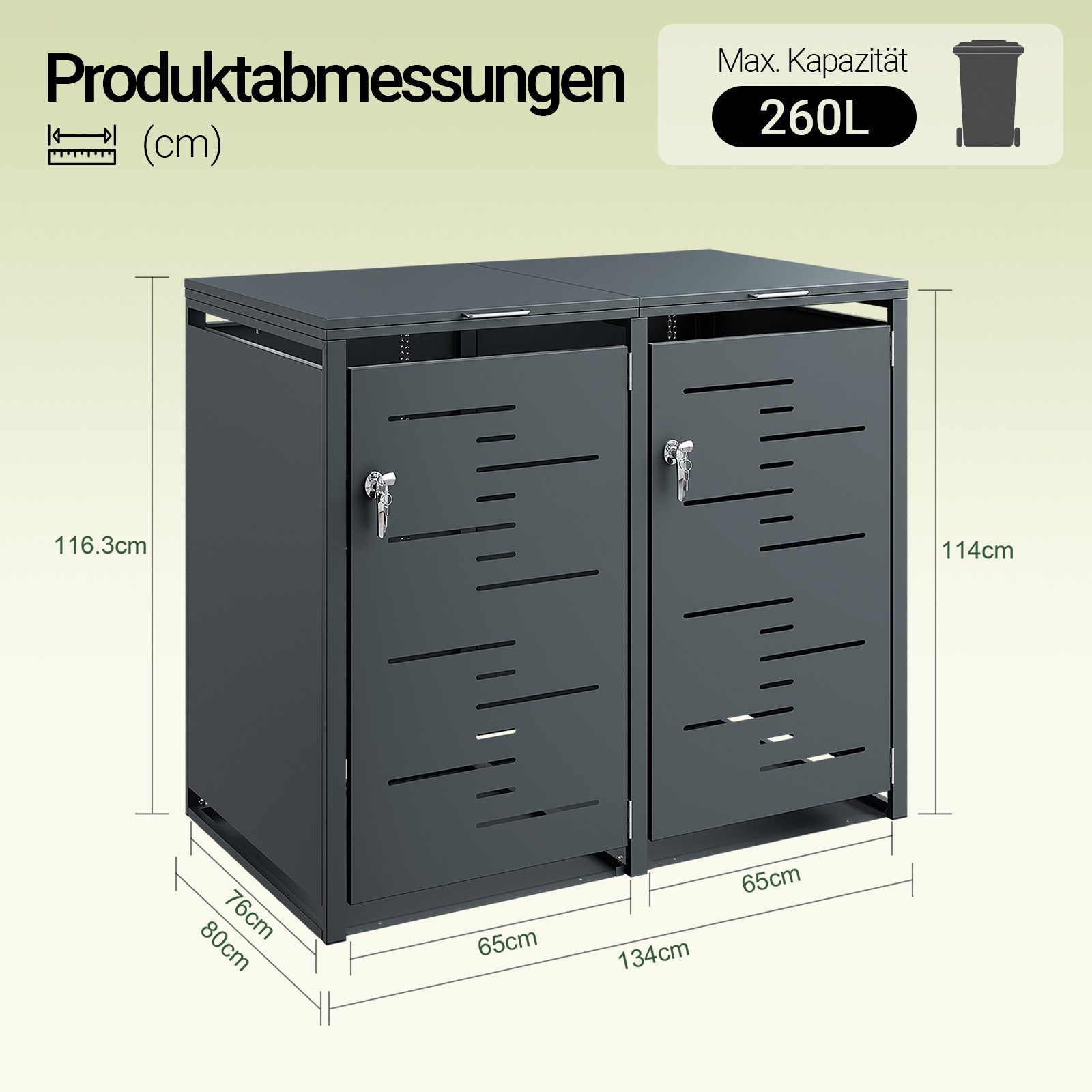 SoBuy Mülltonnenbox OGS64, 2er Set 240l, Metallverkleidung abschließbar (2er Set), Robuste Stahlkonstruktion mit Gasdruckfedern und Kettensicherung