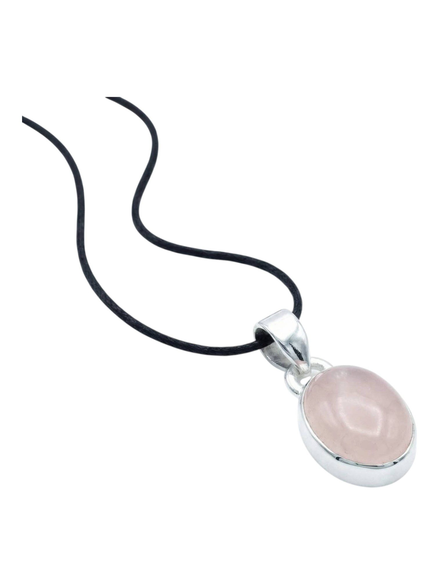 mantraroma Kettenanhänger SAMA oval aus 925 Silber mit Rosenquarz (Kettenanhänger am Baumwollband im Schmuckbeutel), 925 Sterling Silber Kettenanhänger für Damen