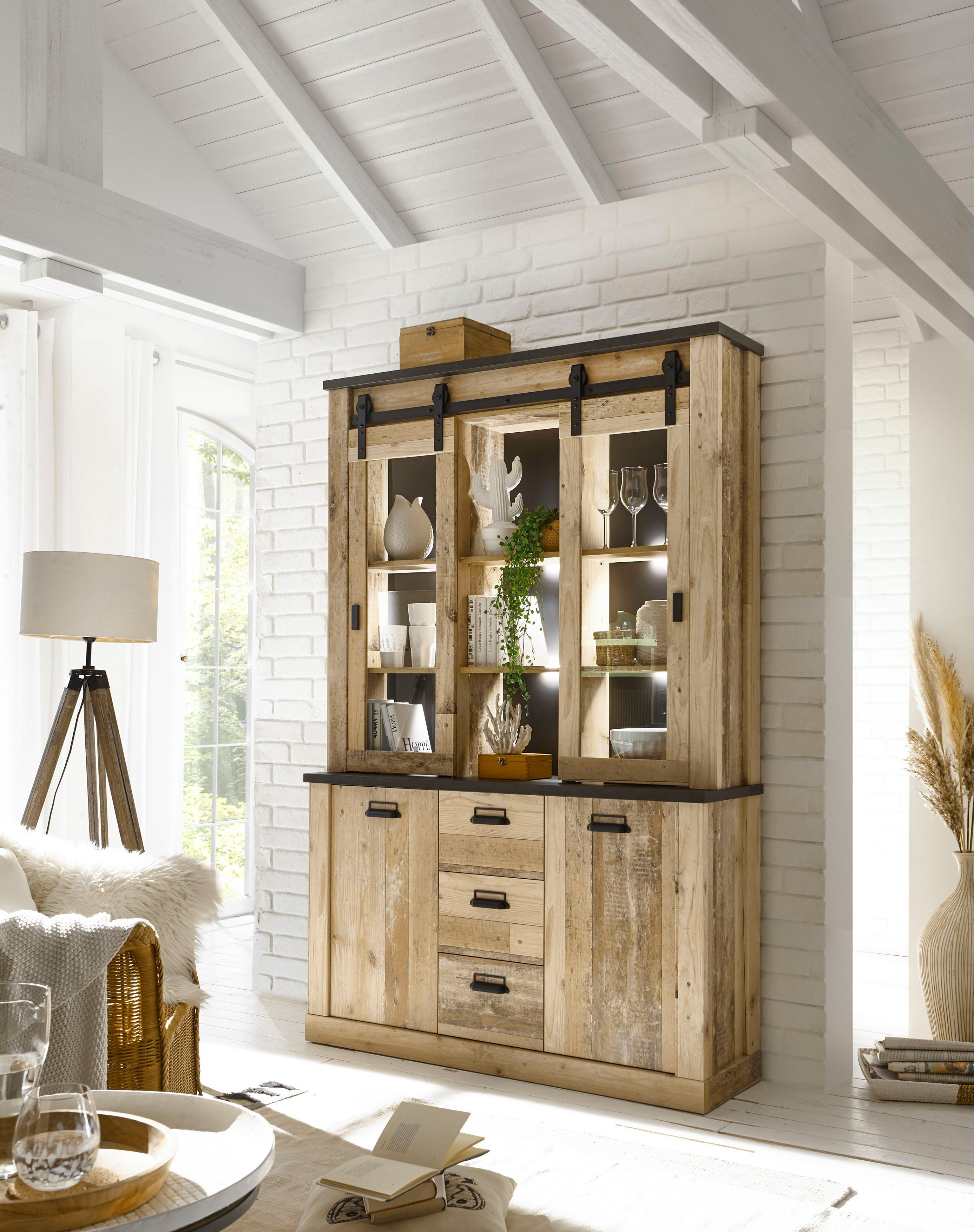 Home affaire Buffet Sherwood, Hochschrank im Industrial-Style, Hochschrank, Küchenschrank mit Scheunentorbeschlag & Apothekergriffen, in 2 Farben erhältlich – Bild 2 von 5