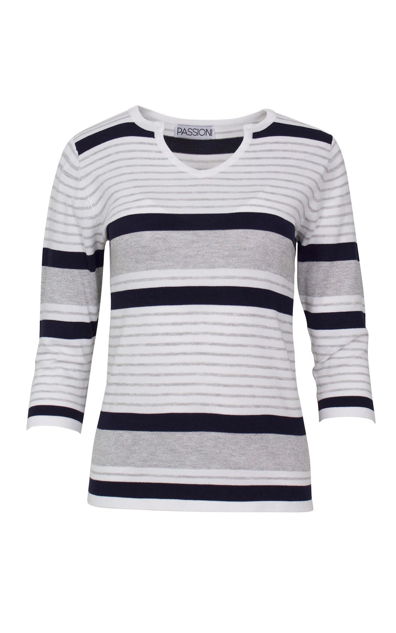 Passioni 3/4 Arm-Pullover mit Streifen und geschlitztem Rundhals günstig online kaufen