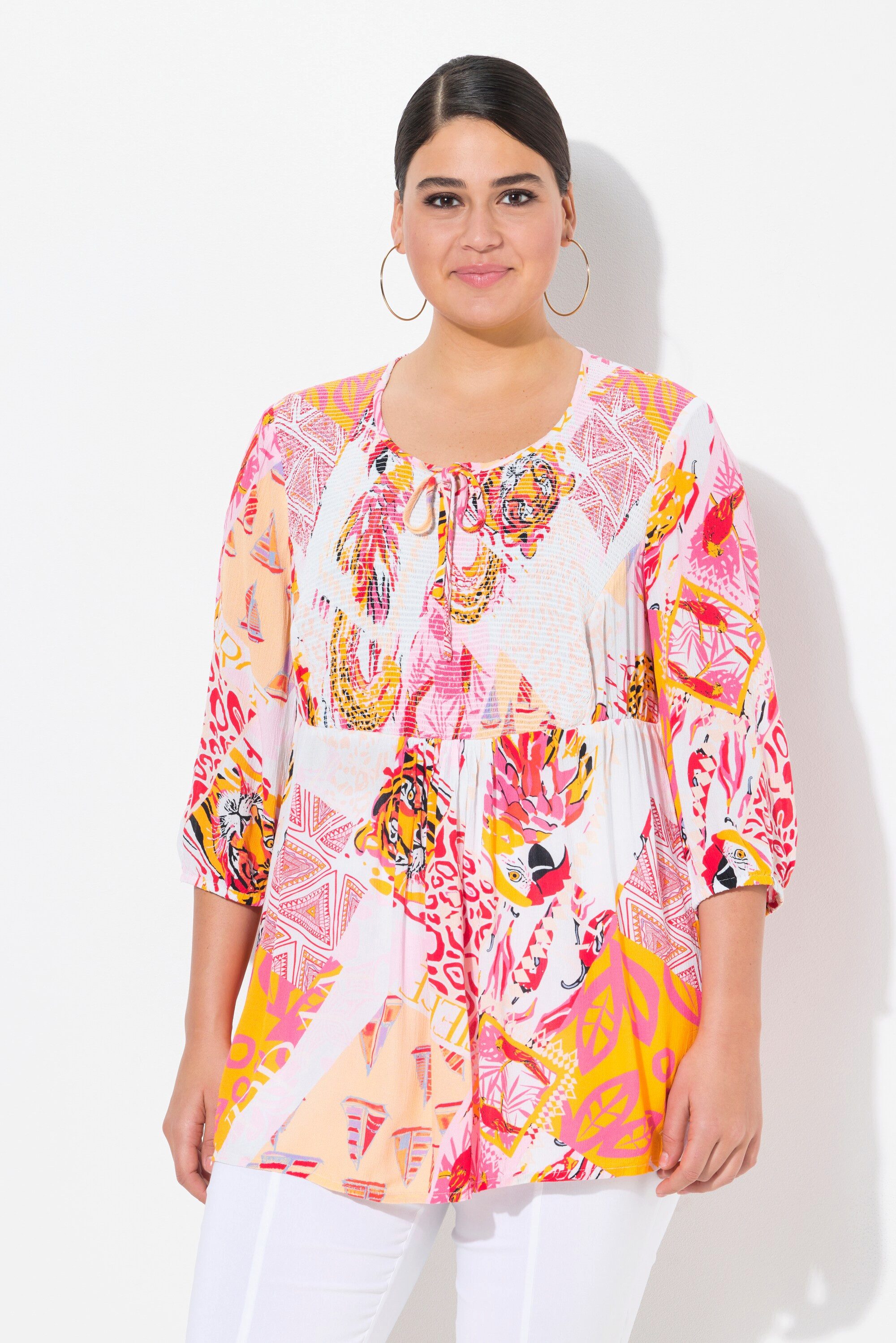 Tunika Smok-Bluse Patchdruck A-Linie Rundhals 3/4-Arm