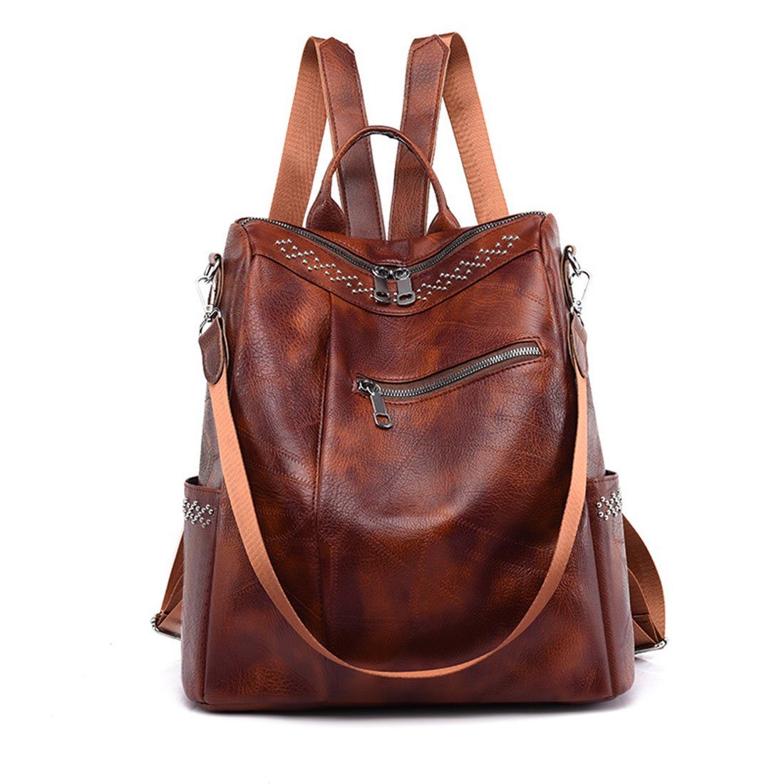 HNDSG Cityrucksack Damen Fashion Travel Shoulder Backpack,Soft Leather Schoolbag Backpack Braun