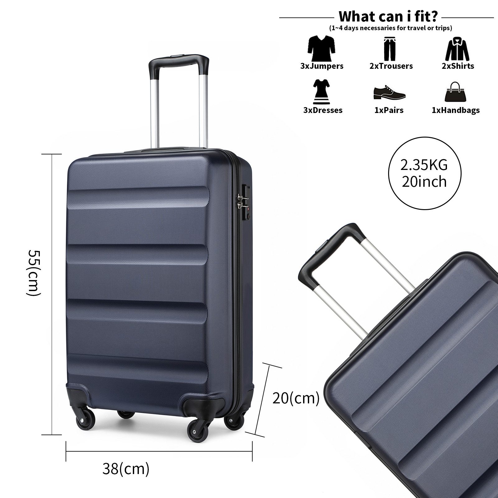 KONO Hartschalen-Trolley Handgepäck Leicht Hartschalenkoffer aus ABS Reisekoffer mit 4 Rollen – Bild 2 von 5