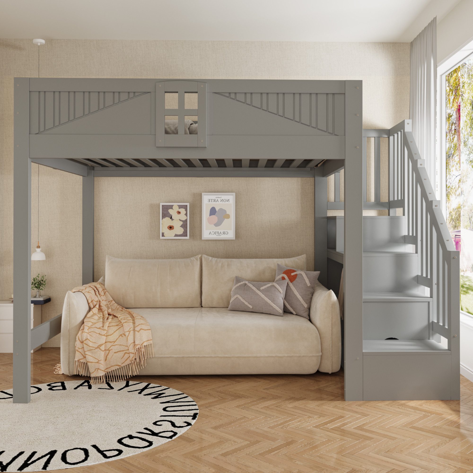 Celya Hochbett Massivholz Multifunktionsbett 140 x 200 cm mit Stauraum (ohne Matratze, Mit Einzigartigem Sicherheitsgitter Mit Fenster) Beidseitig Austauschbare – Bild 4 von 5