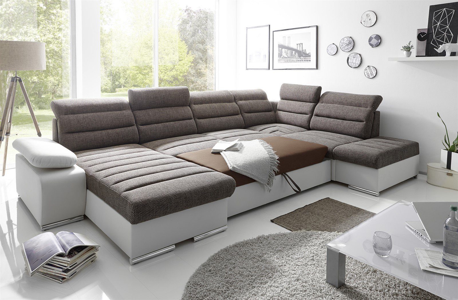 Fun Möbel Ecksofa Couchgarnitur PESCARA Stoff mit Schlaffunktion Ottomane Re / Li, U-Form, mit Bettkasten, Eckcouch