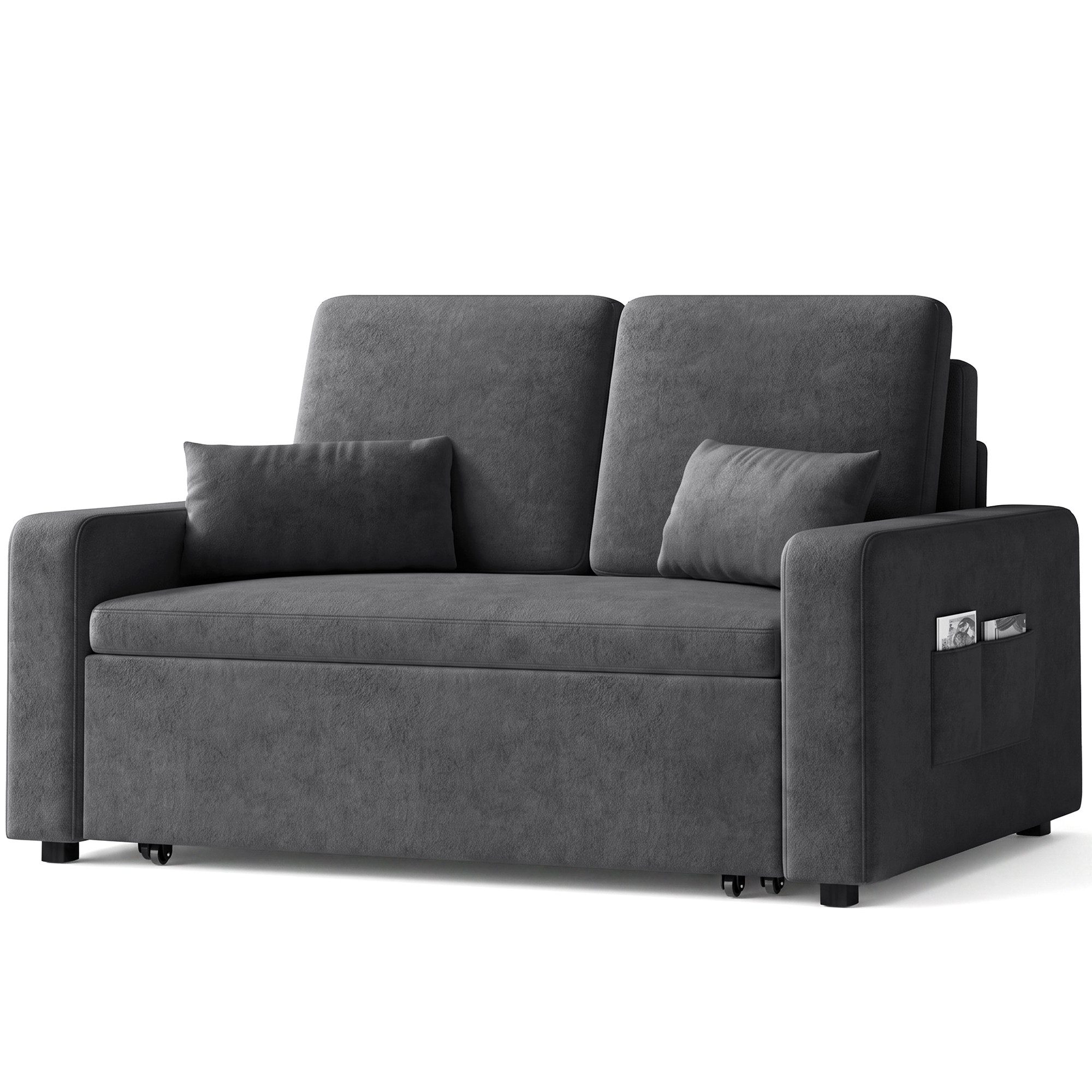 Blishom Schlafsofa 2-Sitzer-Schlafsofa aus Velours, ausziehbar, Liegefläche 117 x 196 cm, Mit Seitentaschen und zwei Zierkissen für Wohn- und Gästezimmer – Bild 2 von 5