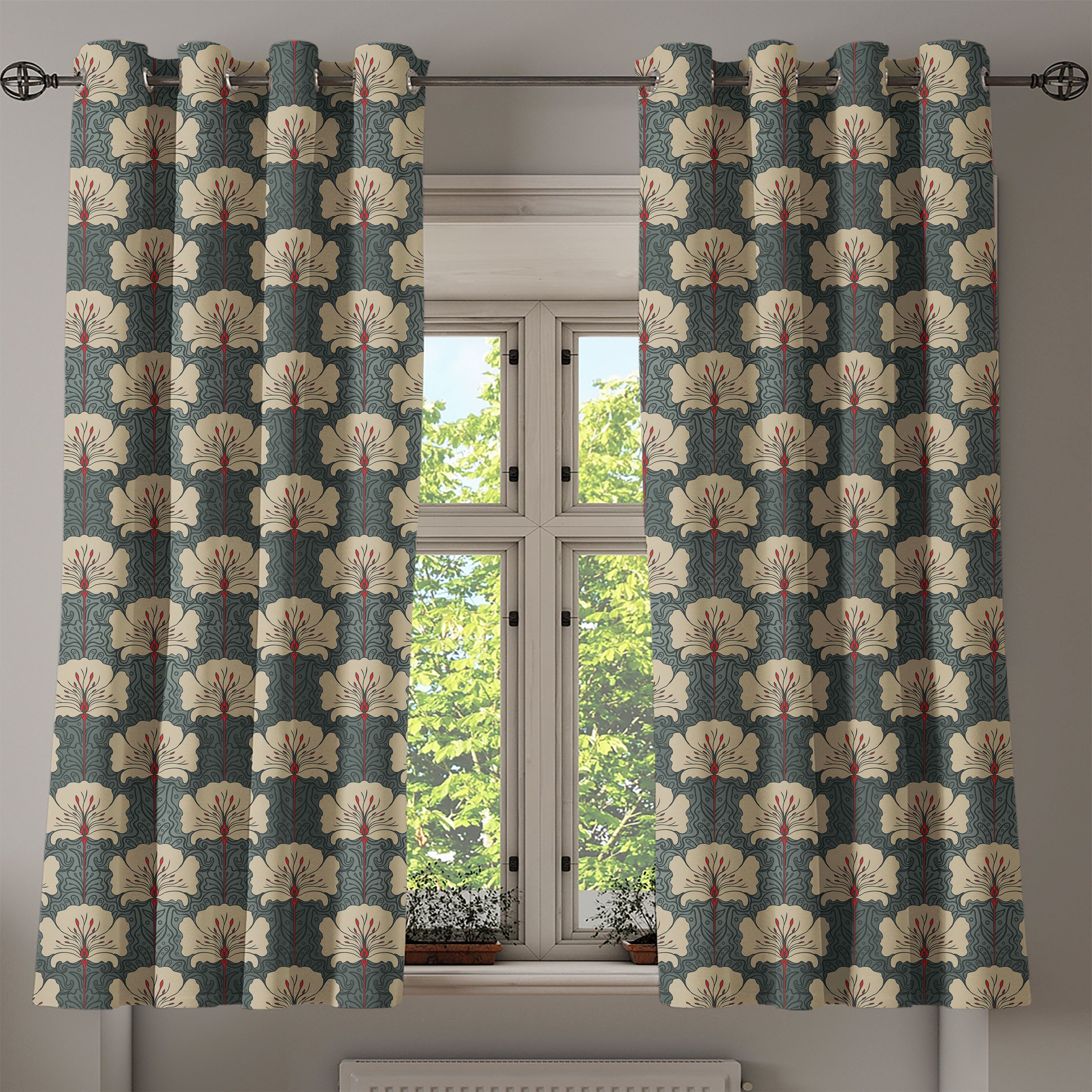 Gardine Dekorative 2-Panel-Fenstervorhänge für Floral Abakuhaus, Wohnzimmer, Art Nouveau Mohnblumen Schlafzimmer
