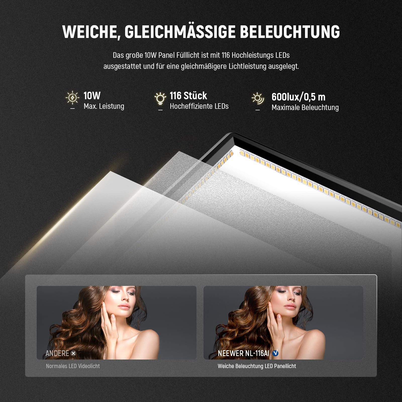 Neewer Videoleuchte NL-116AI 9" LED Panel CRI95+ 3200K-5600K dimmbar, mit wiederaufadbarerBatterie