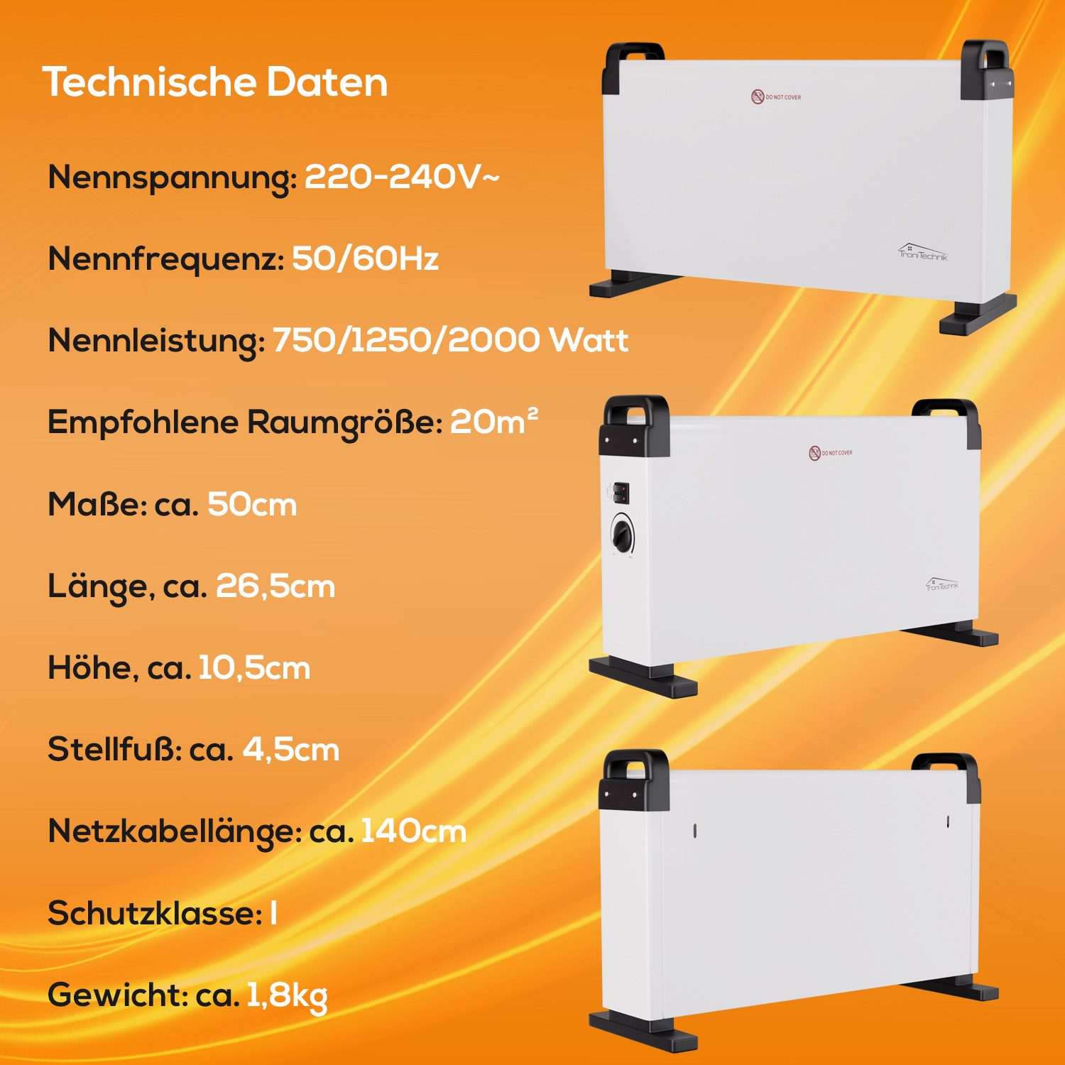 Abschaltautomatik, zwei 3000 einstellbar Standheizung mit Thermostat, TroniTechnik Konvektor und Heizkonvektor Elektroheizung, Heizstufen, TT-KH-101 W, Überhitzungsschutz