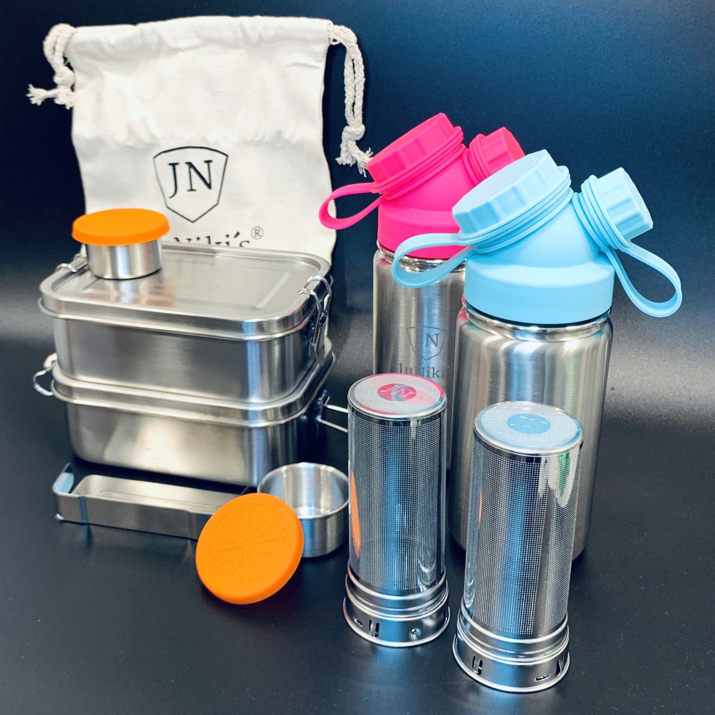 & Einschulungs-Spar-Set Pink-Türkis 2x Je Geschirrspüler-geeignet, die JN 420ml Trinkflasche JuNiki´s für aus Edelstahl: JuNiki´s® + Auslaufsicher Perfekt Lunchbox Teefilter Lunchbox Schule: + isoliert Edelstahl,