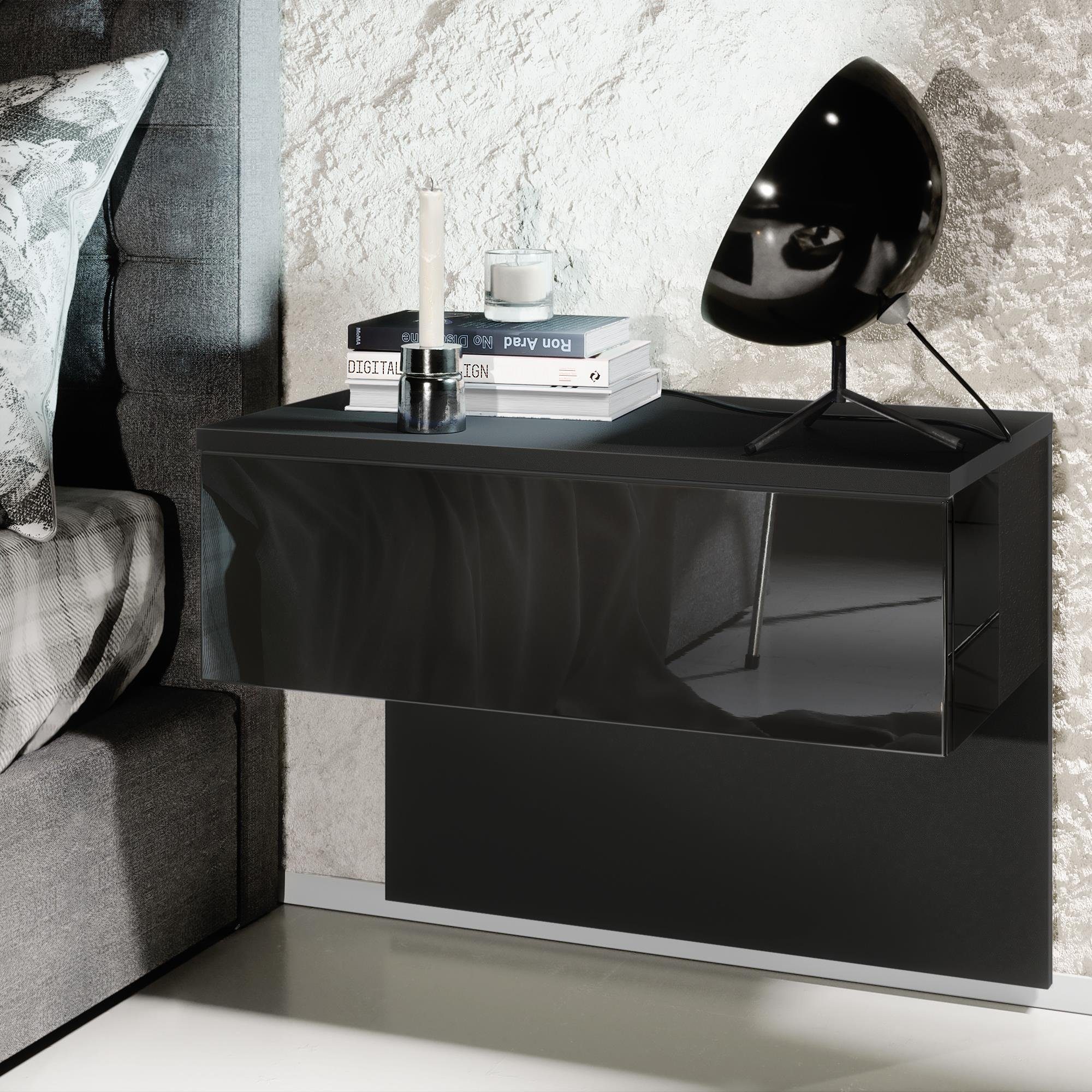 Vladon Nachttisch Sleep (Nachttischschrank, mit Schublade zur Wandmontage), Schwarz matt/Schwarz Hochglanz (60 x 46 x 35 cm)