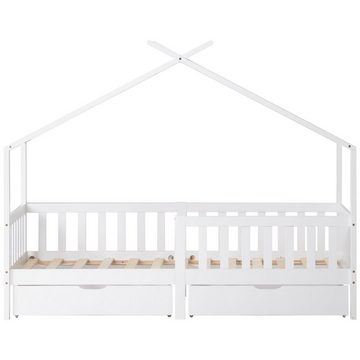 PHOEBE CAT Kinderbett, 90 x 200 cm mit 2 Schubladen, Rausfallschutz und Lattenrost, Weiß Hausbett für Kinder, Mädchen und Jungen