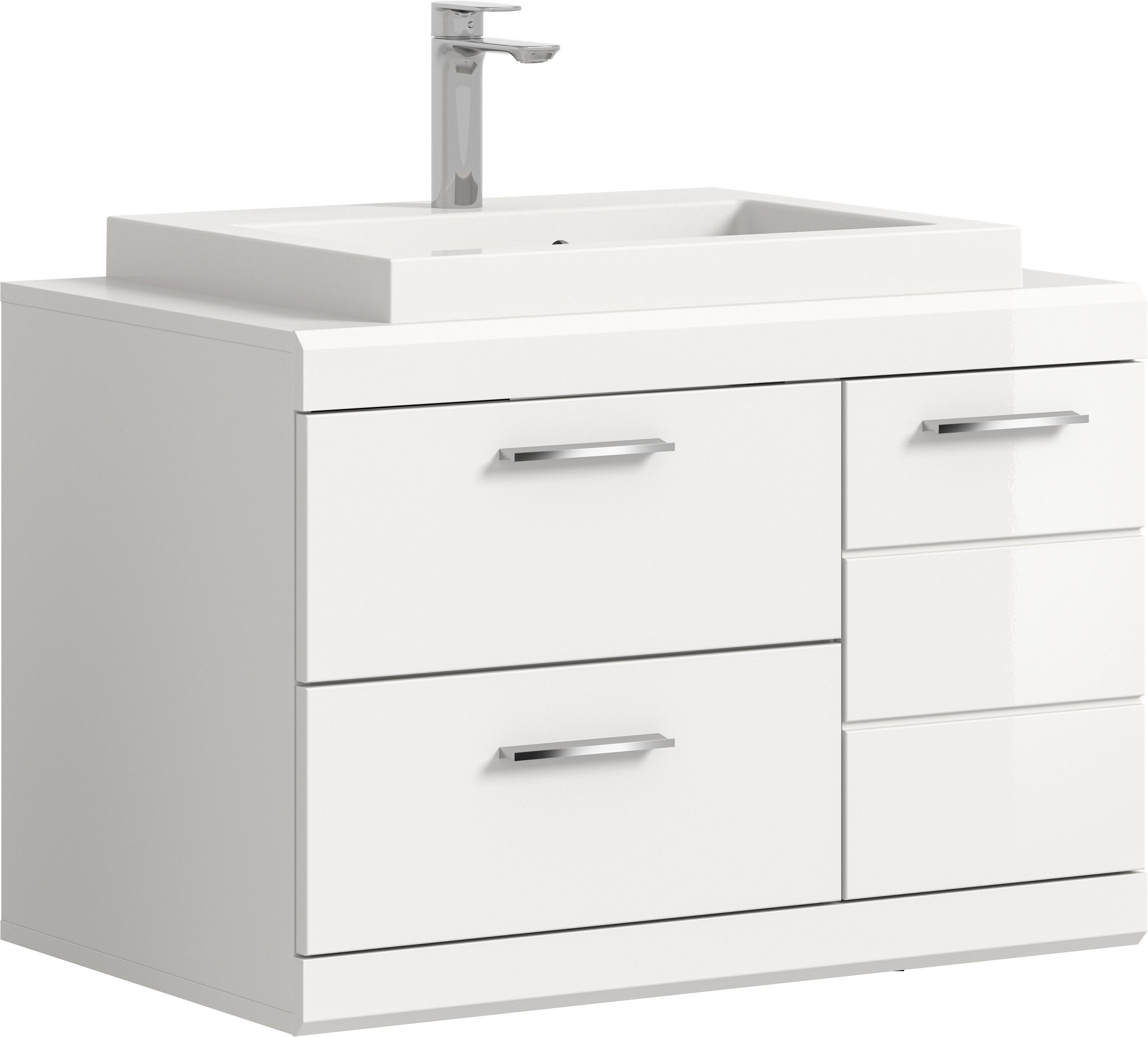 welltime Waschtisch SIENA, hängend, inkl. Aufsatzwaschbecken, Breite 80 cm, MDF-Front (TOPSELLER!, 1 Tür, 1 Schubkasten, 1 Klappe, 1 Einlegeboden, 3 Fächer), WBU, Badmöbel, Badschrank, Kommode, Unterschrank, Bad, Hängeschrank