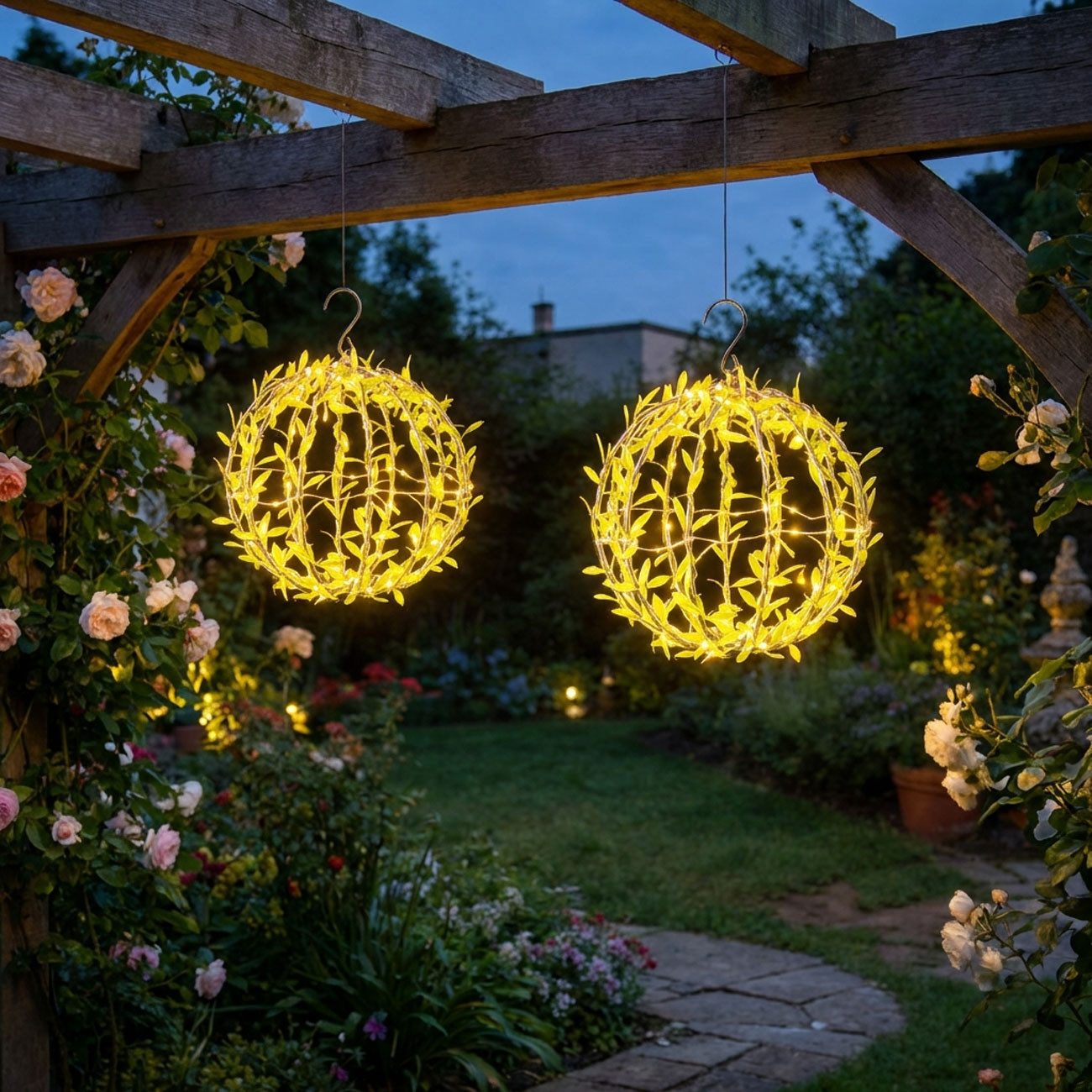 shop'n smile ideoon Hängeleuchten Solar-Leuchtkugel im Blätterdesign Ø20cm mit 72 LEDs IP44, LED fest integriert, Außenleuchte/2 Leuchtmodi/PVC-Blättern