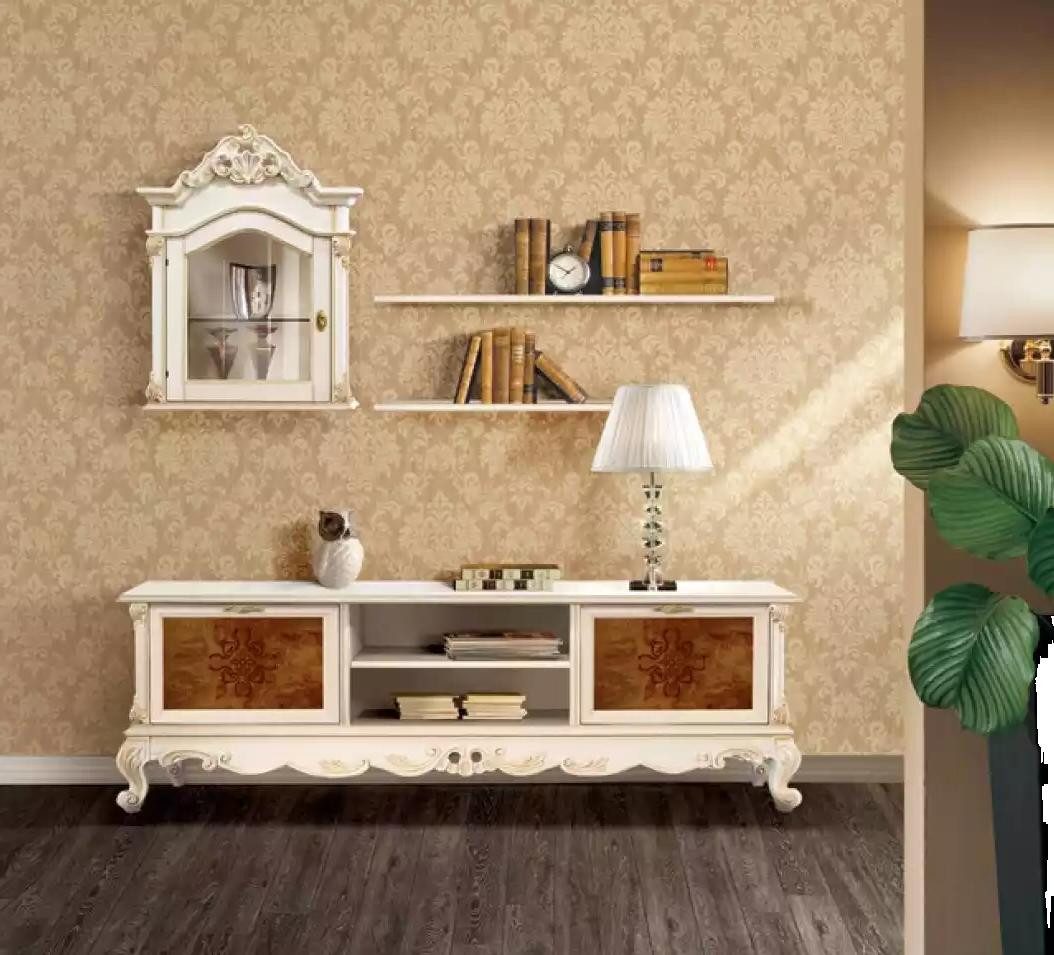 Xlmoebel Wohnwand Italienische Wohnwand in Weiß mit Holzoptik und Stauraum, (4-St., Set 4tlg. Wohnwand (Lowboard + 2x Wandregale + Wandvitrine), Hergestellt in Europa