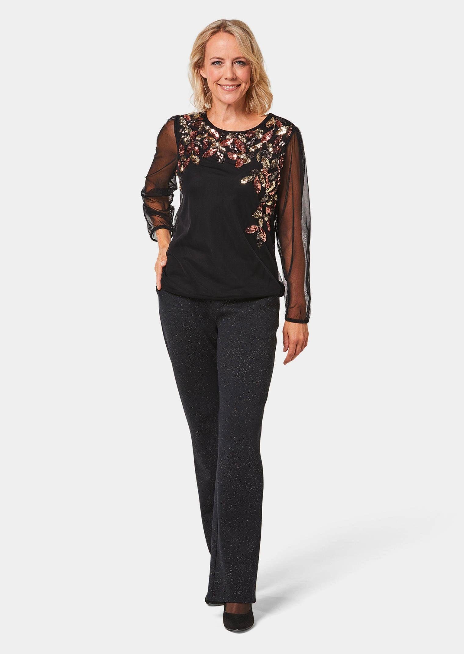 GOLDNER Langarmshirt Kurzgröße: Glanzshirt mit Paillettenstickerei Blusenshirt mit Blättermuster, Rundhals, Gummibund und 3/4-Arm