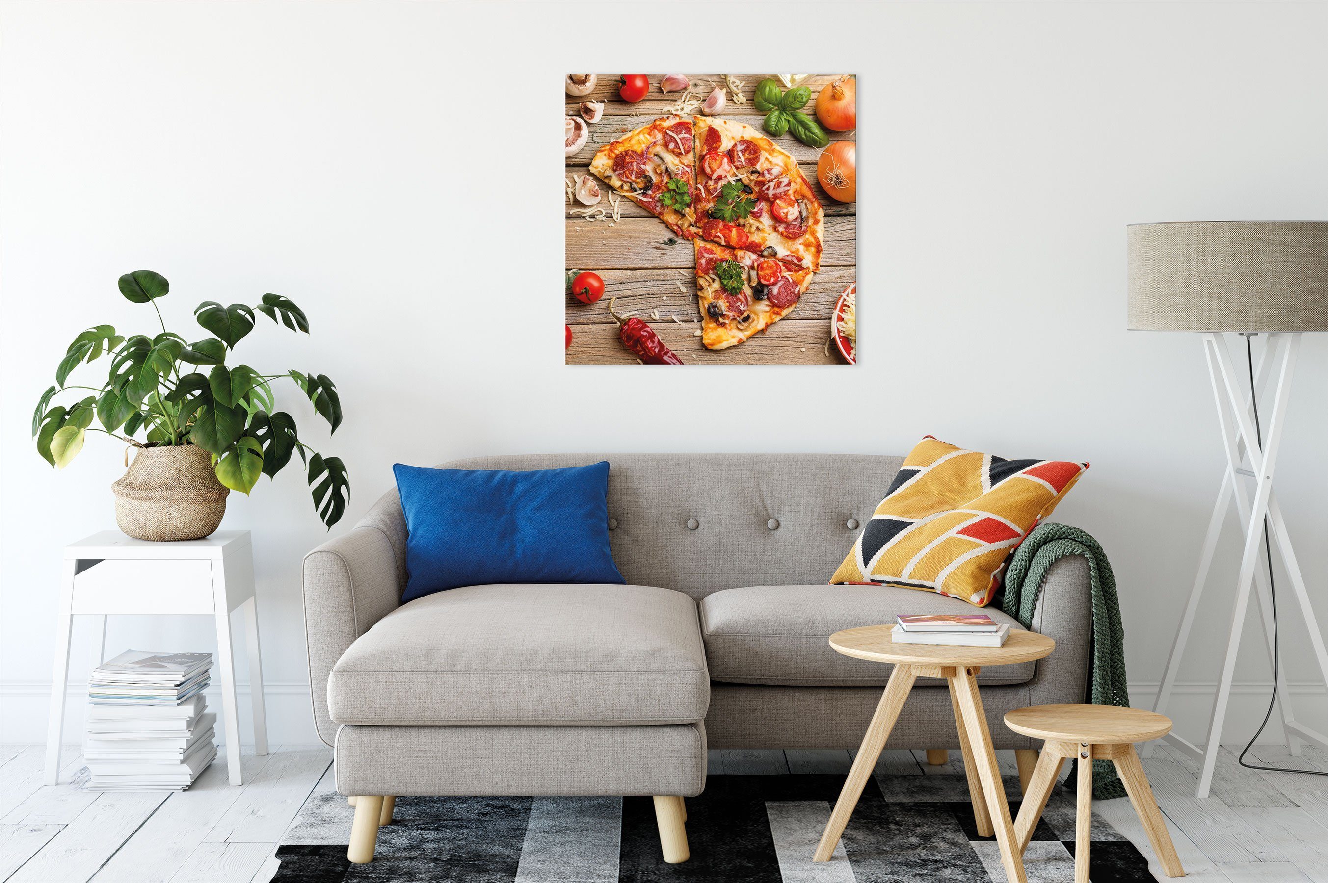 Pixxprint Leinwandbild Pizza Zackenaufhänger St), fertig inkl. Holztisch, auf (1 Italia bespannt, auf Leinwandbild Italia Holztisch Pizza