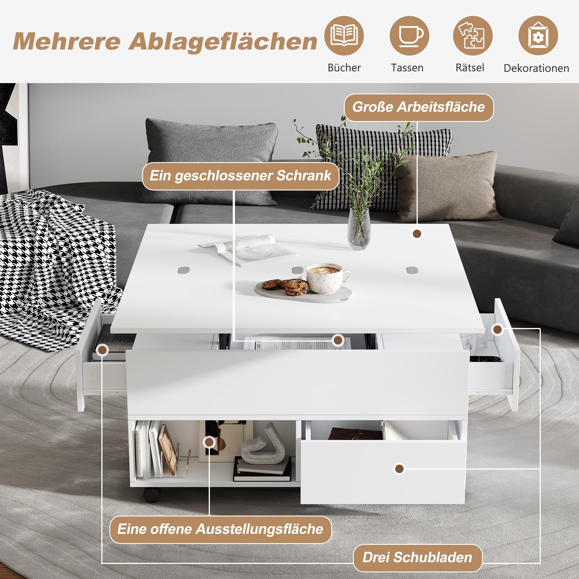 BlingBin Couchtisch mit anhebbarer Tischplatte und Rollen (Kaffeetisch, 1-St., 100 x 50 x 52 cm), Wohnzimmertisch mit 4 Schubladen und offenen Ablagen, weiß
